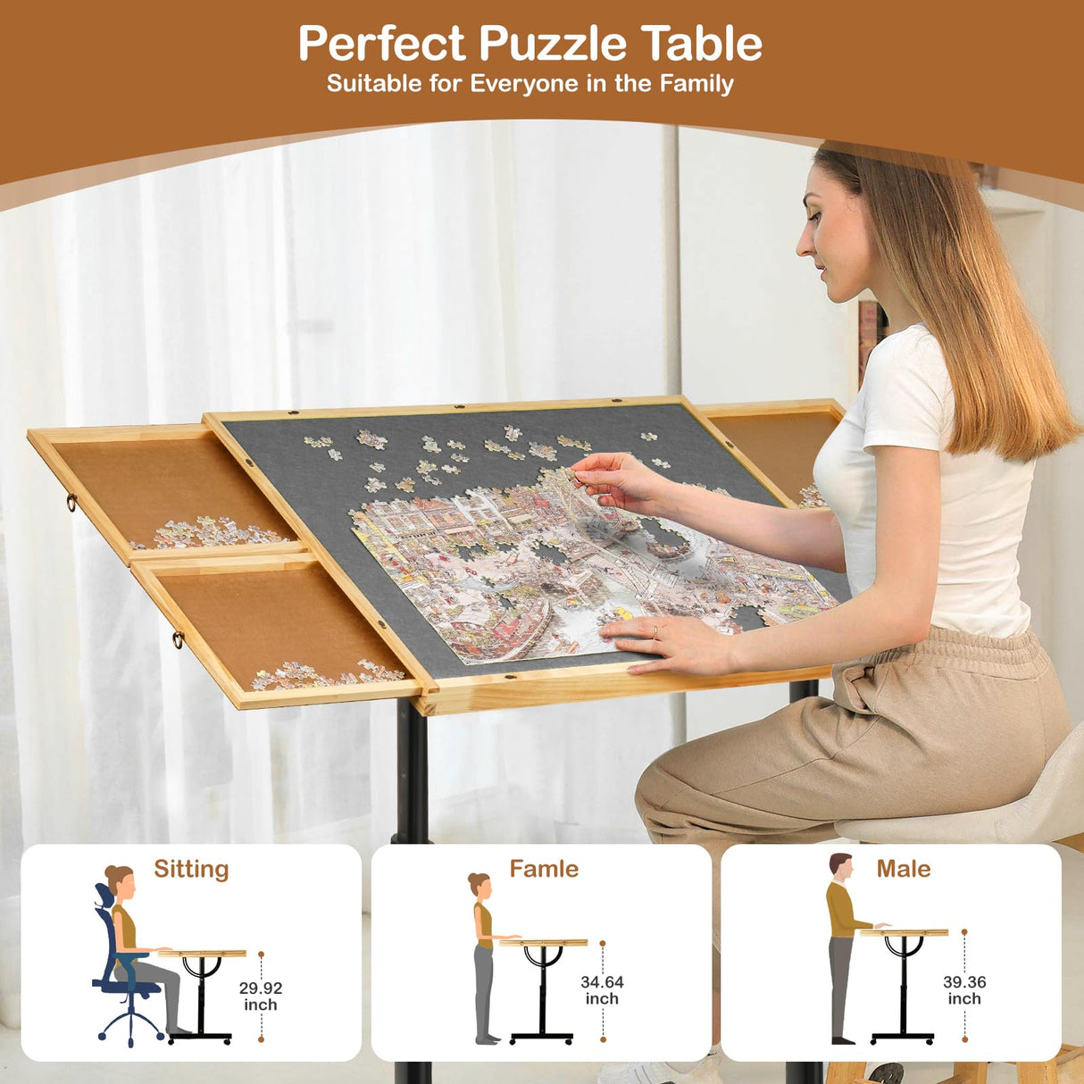 Dechawfon Jigsaw Puzzle Table with Drawers & Lockable Wheels, Tilting Puzzle Board 0-90° Adjustable, Puzzle Board 1500 Pieces with Legs, 37.4 x 27.95 Inch Portable Puzzle Table with Legs for Adults Dechawfon