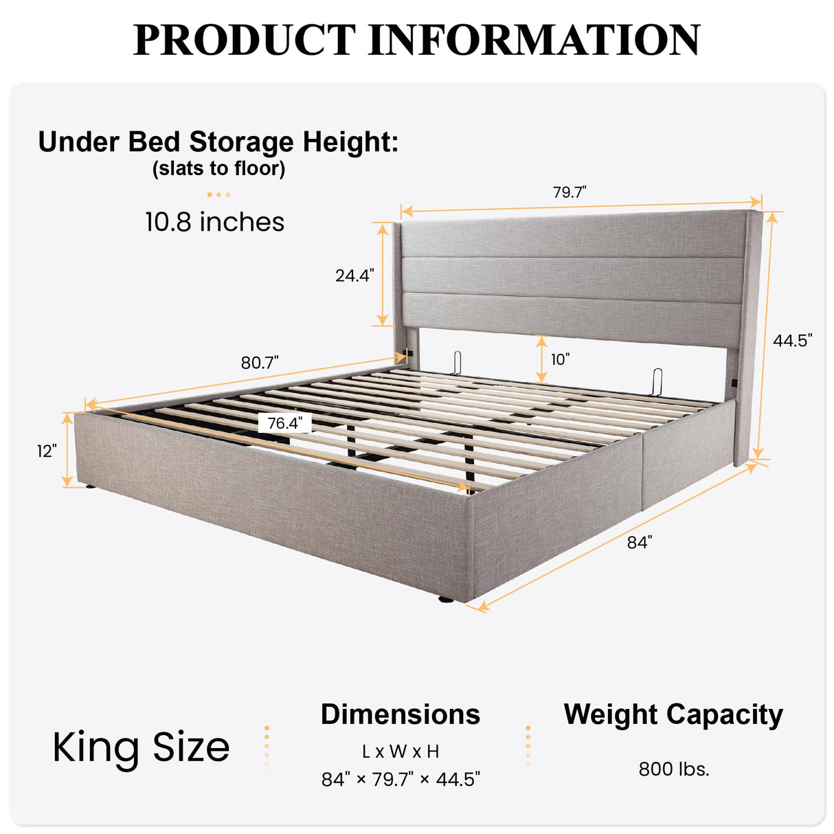 SHA CERLIN King Size Lift Up Storage Bed/Modern Wingback Headboard/Upholstered Platform Bed Frame/Hydraulic Storage/No Box Spring Needed/Wood Slats Support/Light Beige SHA CERLIN