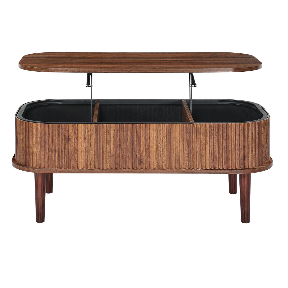 VEVOR Fluted Lift Top Coffee Table, Oval Walnut Coffee Table with 3 Hidden Compartment, Mid Century Modern Wood Center Table with Storage, Lift up Tabletop for Home Living Room Office, Easy Assembly VEVOR