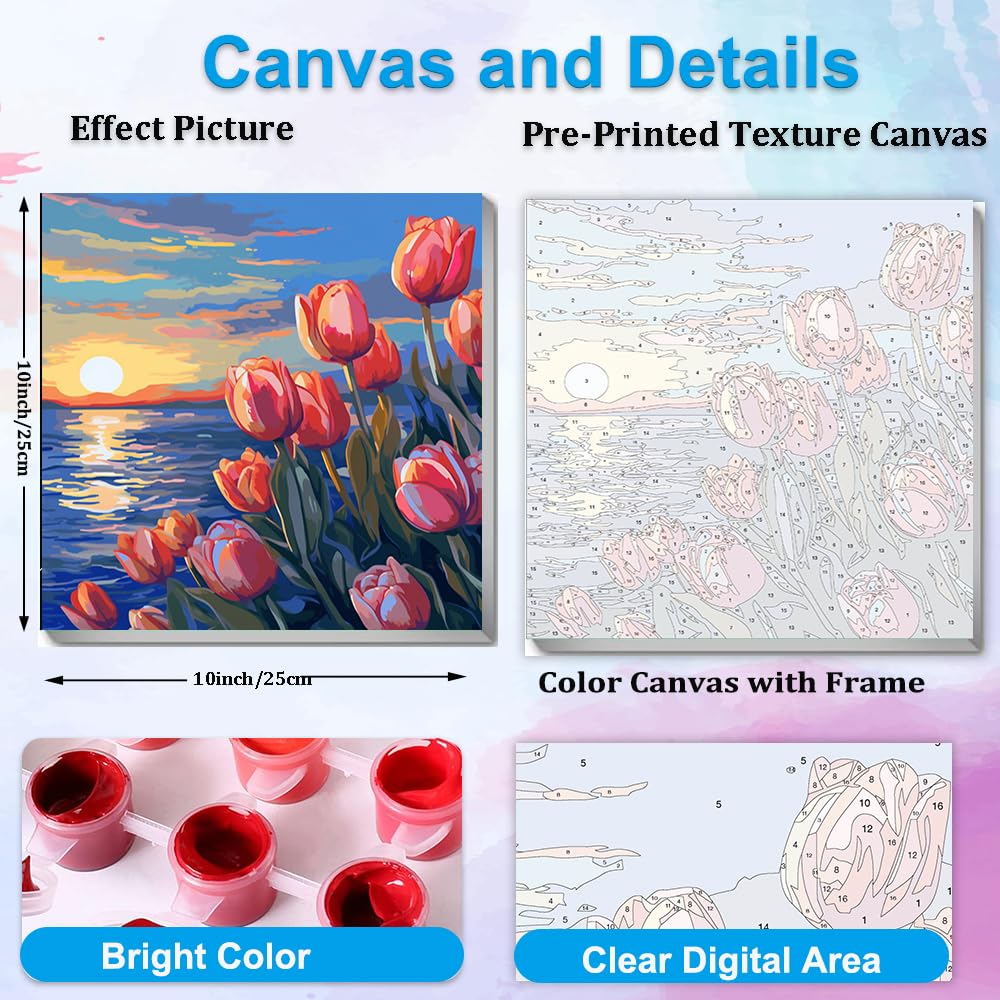 Artunion Framed Paint by Numbers Kit for Adults Beginners & Kids Ages 8-12,Sunset Tulip Flower Paint by Number with Frame,Floral Paint by Numbers Kit on Canvas 10 * 10 Inch Without Easel Artunion