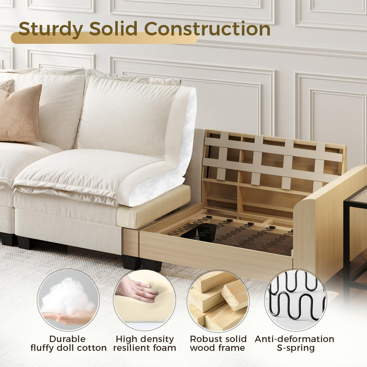 KKL J-Shaped Modular Sectional Sofa, 5 Seater Cloud Couch with Ottoman, Chenille Sectional Couches for Living Room, Apartment, Beige KKL