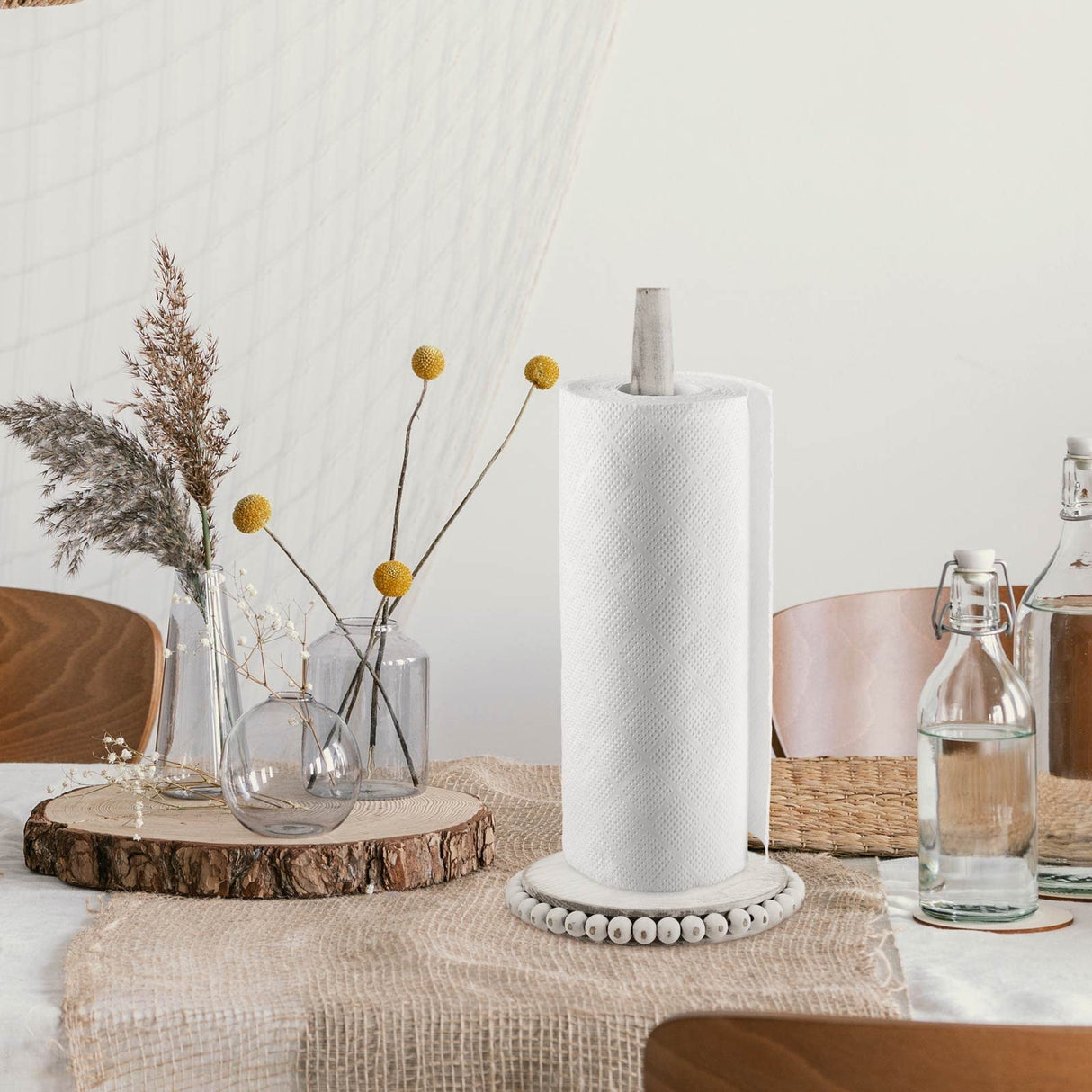 Farmhouse Paper Towel Holder Washed Beaded Paper Towel Stand Wood Paper Hanger Rack Standing Towel Roll Stand Organizer Paper Roll Holder Roll Dispenser for Kitchen Bathroom Countertop Cabinet, White Yoande
