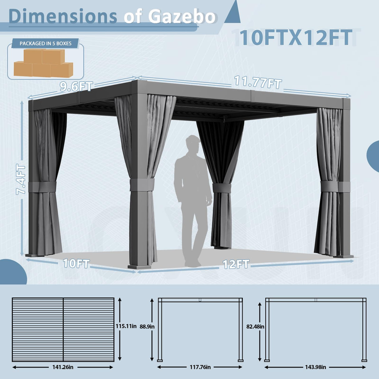 Aoxun Louvered Pergola 10 x 12ft Outdoor Aluminum Pergola with Adjustable Roof for Gardens, Decks and Backyards, Gray Aoxun