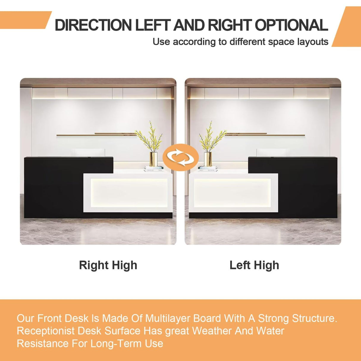 Modern Reception Desk with LED Lights Office Front Counter Desk Receptionist Table Retail Checkout Counter for Shop Beauty Salon Lobby White and Black Left High 63inch/ 160cm Thcbme