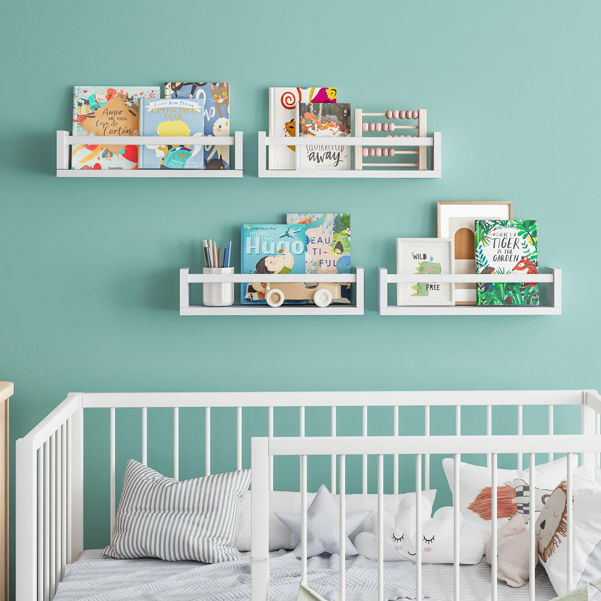 Fixwal Nursery Book Shelves, 16.5 Inch Floating Bookshelves for Nursery & Playroom Decor, Set of 4, Solid Wood Wall Mounted Shelves for Books and Toys Storage (White) Fixwal