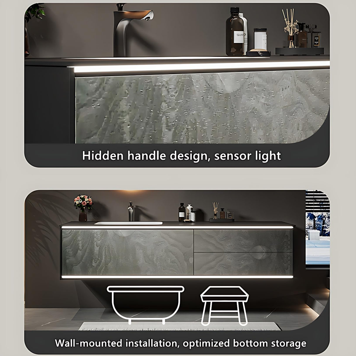 Bathroom Vanity with Sink - Single Sink Solid Wood Bathroom Sink Cabinet, LED Anti-Fog Mirror, Floating Vanity with Ample Storage, Easy Assembly, Modern Elegant Design, Wall Mount Installation (60") ZGNBSD