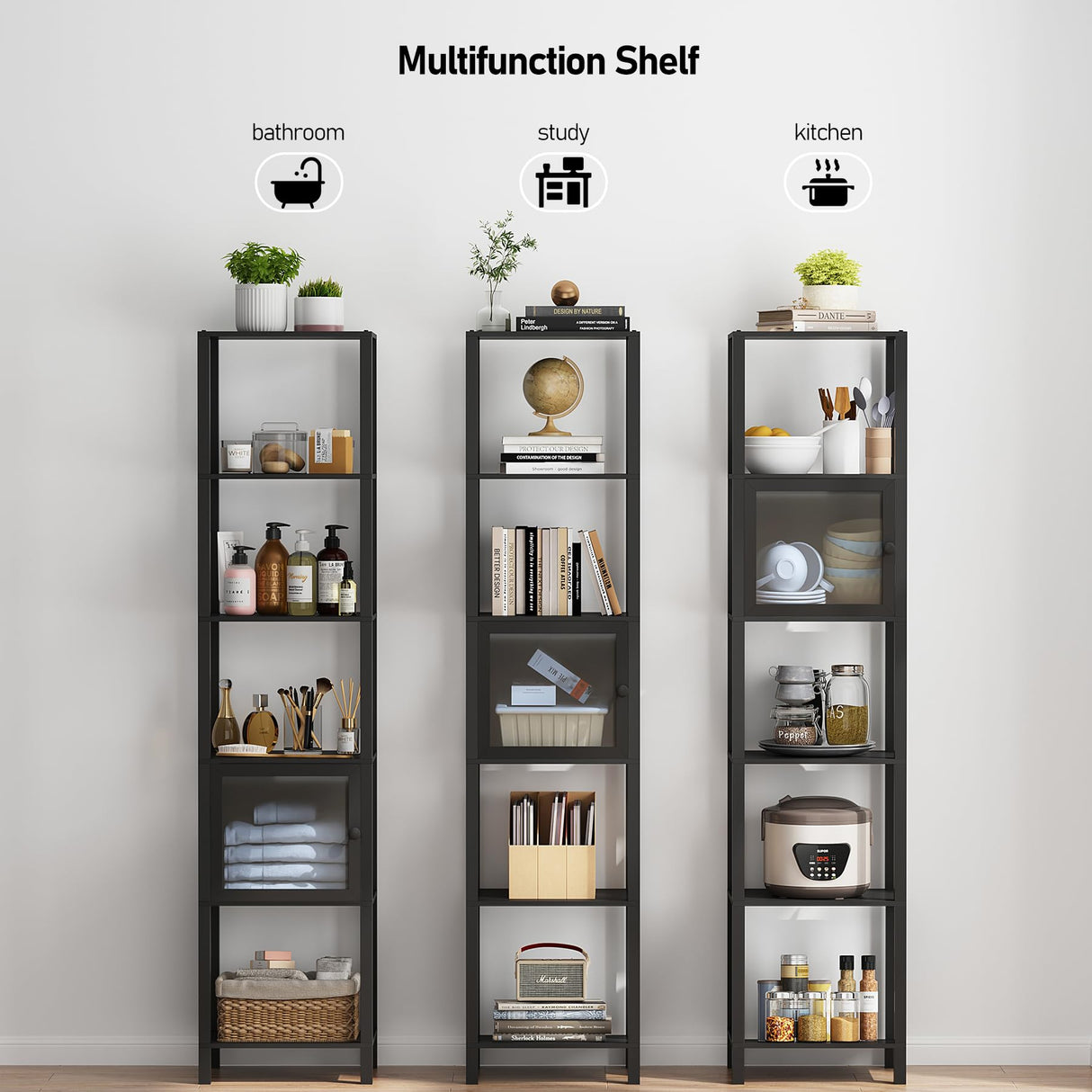 TUTOTAK 6 Tier Bookcase and Bookshelf, Narrow Book Shelf with Door for Small Space, for Living Room, Office, Study, Entryway, Black BS03BK006 TUTOTAK