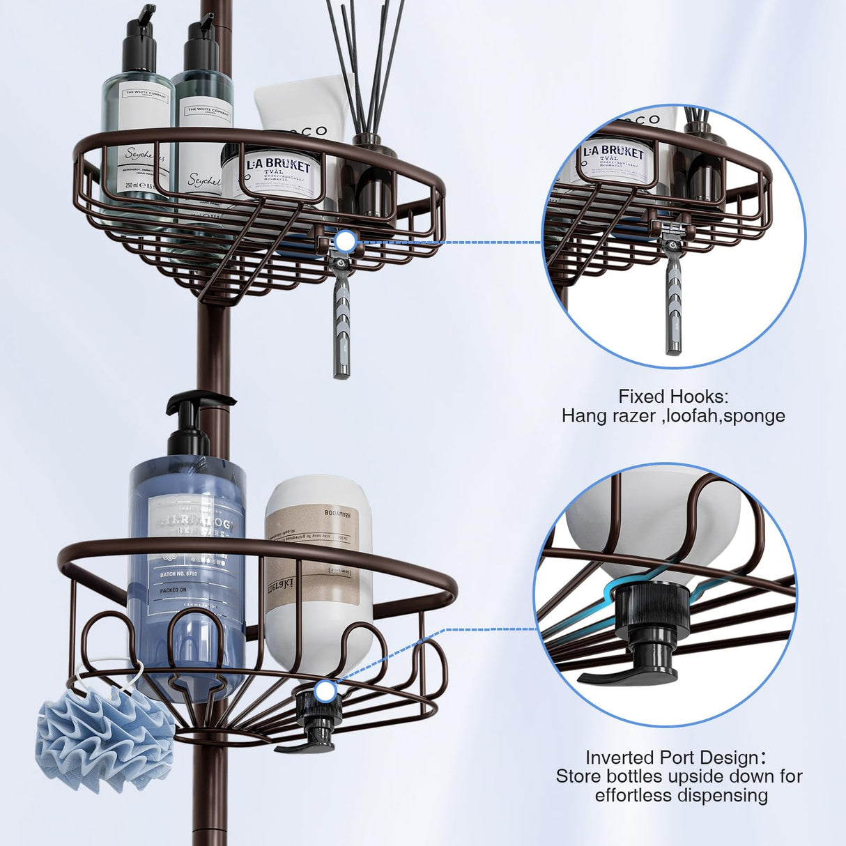 Corner Shower Caddy Tension Pole: Stainless Steel Rustproof 4-Tier Shower Organizer - 47-121 inch Adjustable Bathroom Shelves for Bathtub Shampoo Storage - Tension Rod Floor Standing Bath Rack -Bronze ESSEME
