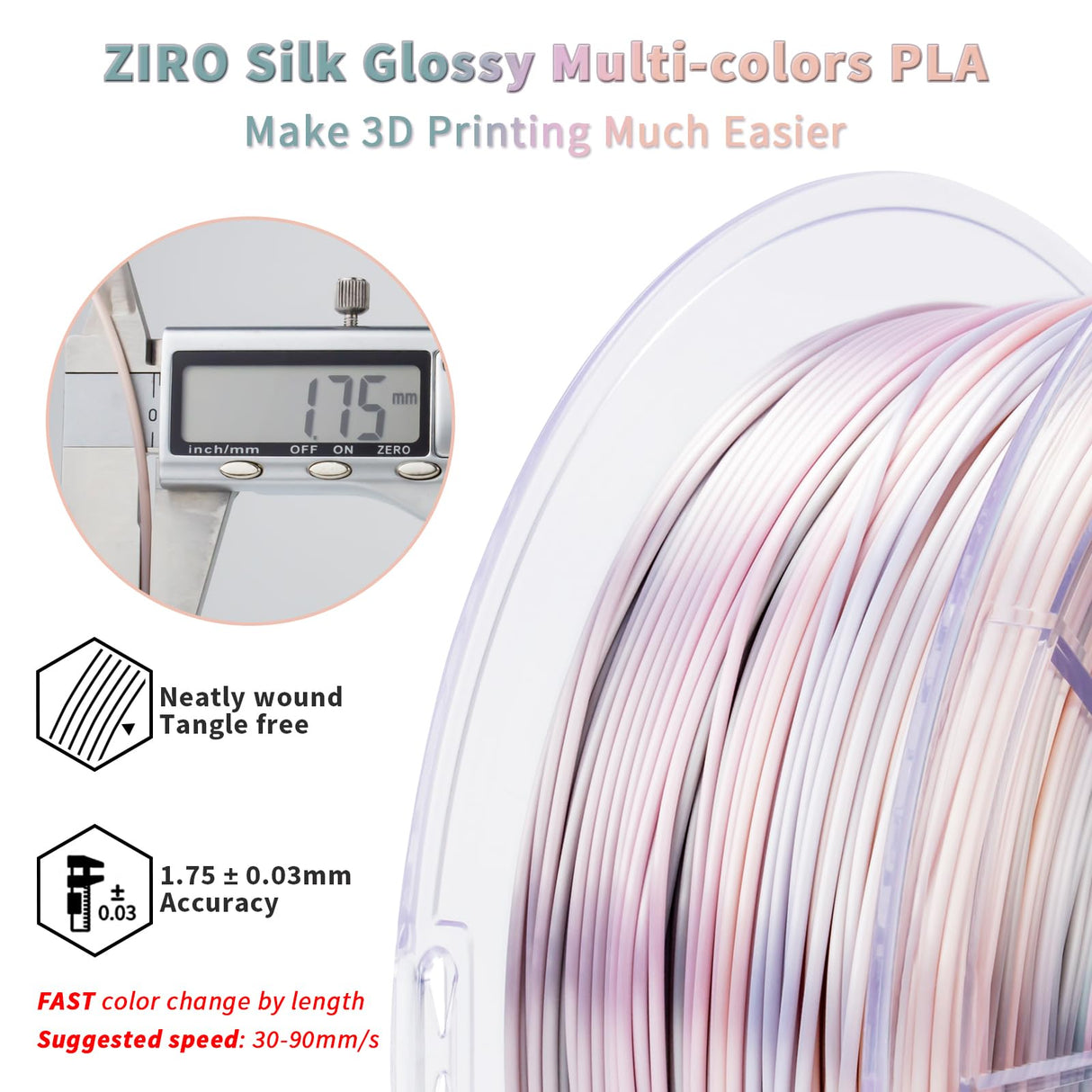 ZIRO 3D Printer Filament, Shiny PLA Fast Gradient Color Change, Glossy Color Change by Length PLA, Fit Most FDM 3D Printers, Dimensional Accuracy +/-0.03mm, 1KG/2.2lb Spool, Earth Tone(Silk) ZIRO