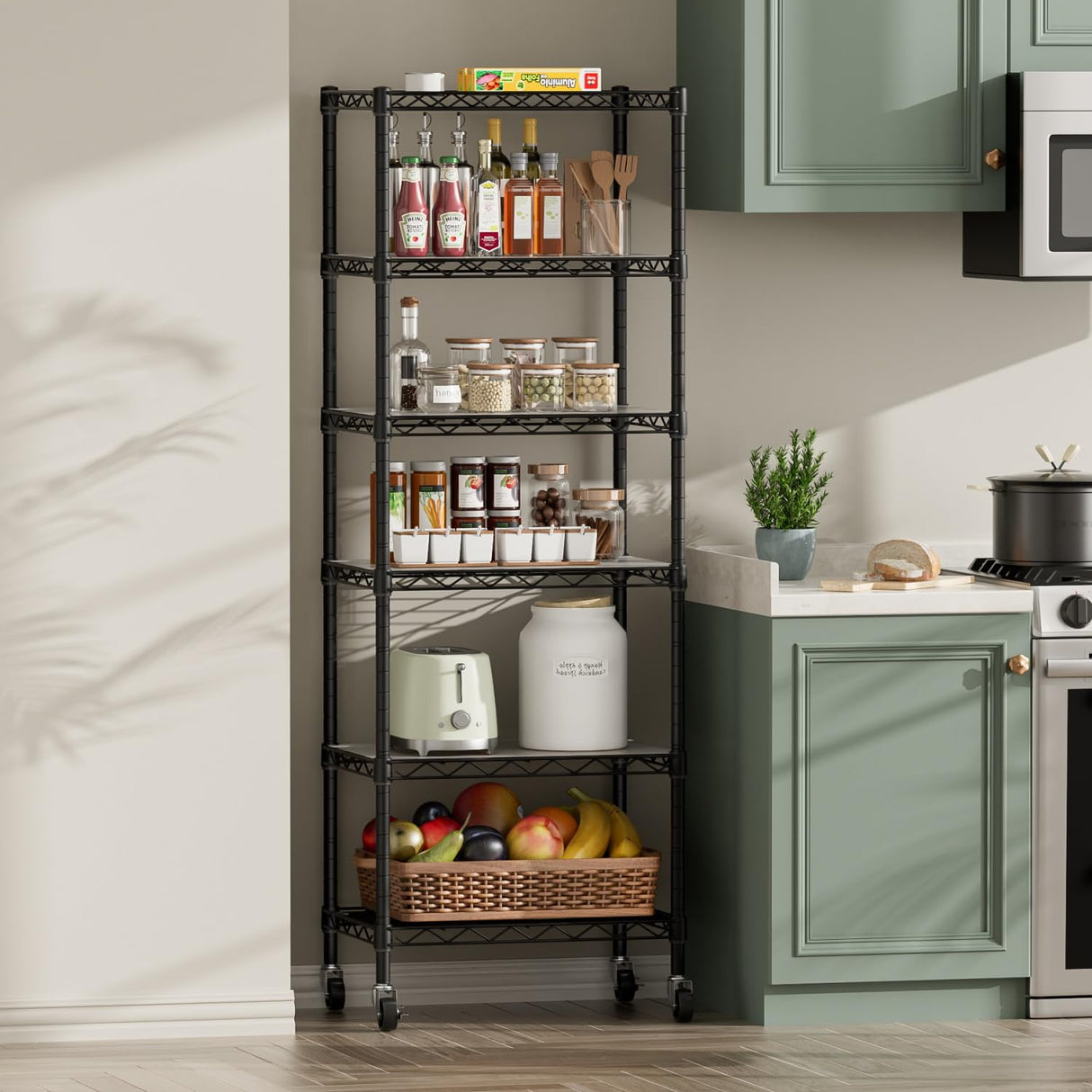 SINGAYE 6 Shelf Storage Wire Shelves Closet Bathroom Organizers Metal Pantry Kitchen Small Garage Shelving Unit Laundry Room Organization Home Narrow Rack Net Basket with Wheels Black SINGAYE