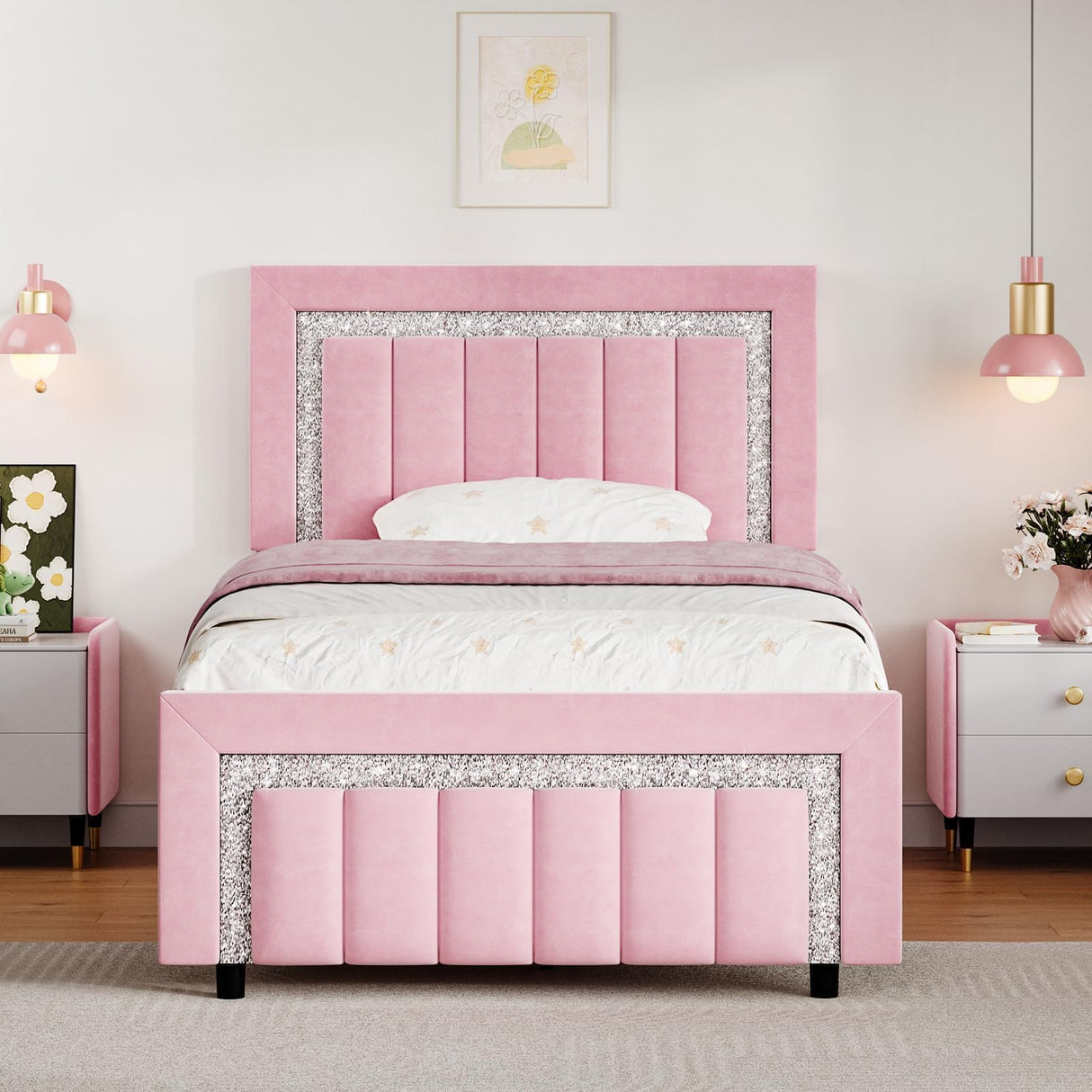 HOMBCK Twin Bed Frames for Girls, Pink Twin Bed Frame with Velvet Upholstered Vertical Channel Diamond Headboard, Princes Bed Frame, Adjustable Headboard, Wooden Slats Support, Easy Assembly, Pink HOMBCK