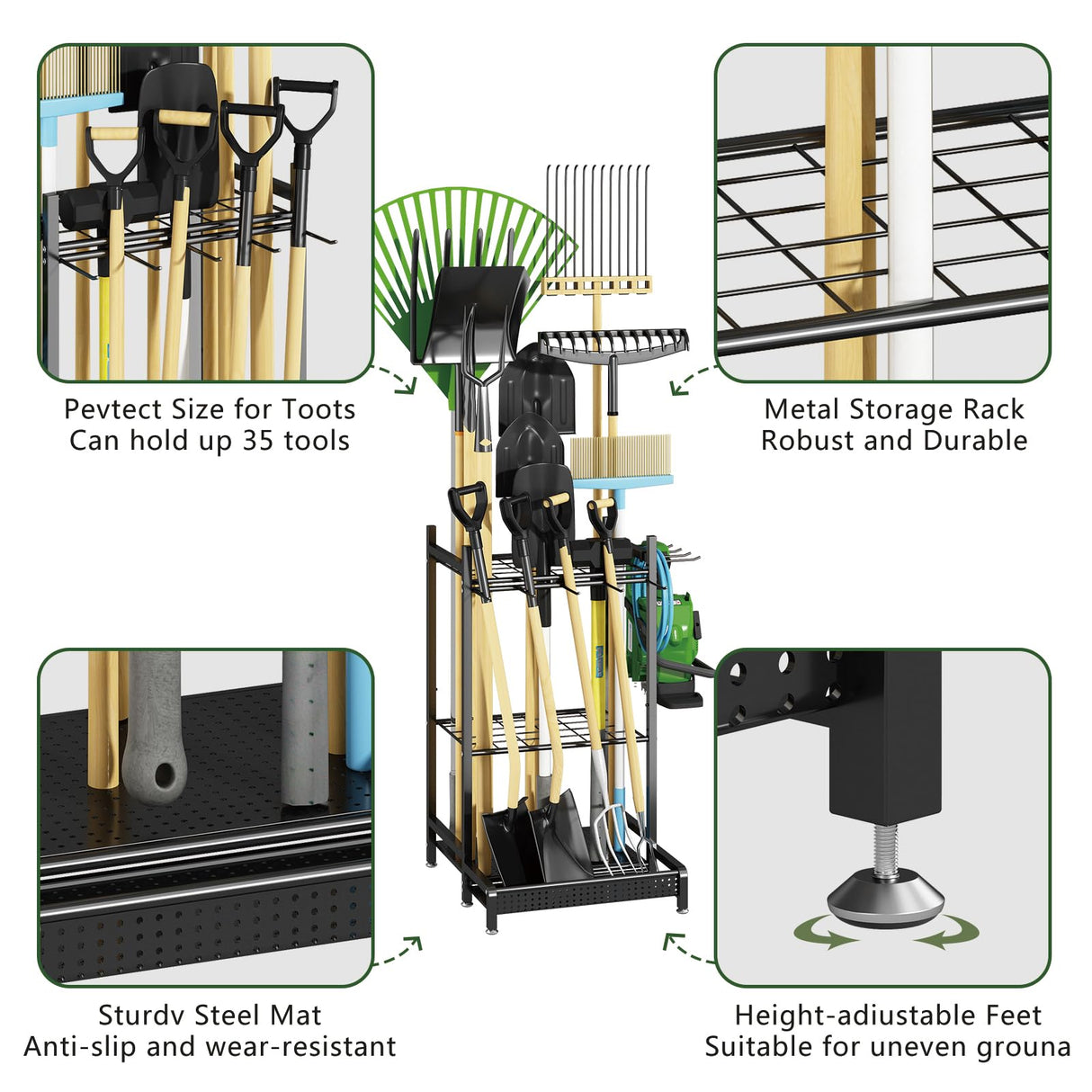GILLAS Garden Tool Organizer for Garage, Utility Storage Racks with Hooks, Metal Yard Tool Stand Holder Organizer for Long-Handled, Broom, Shovel, Rake, Sturdy Heavy Rack for Outdoor, Yard, Black GILLAS