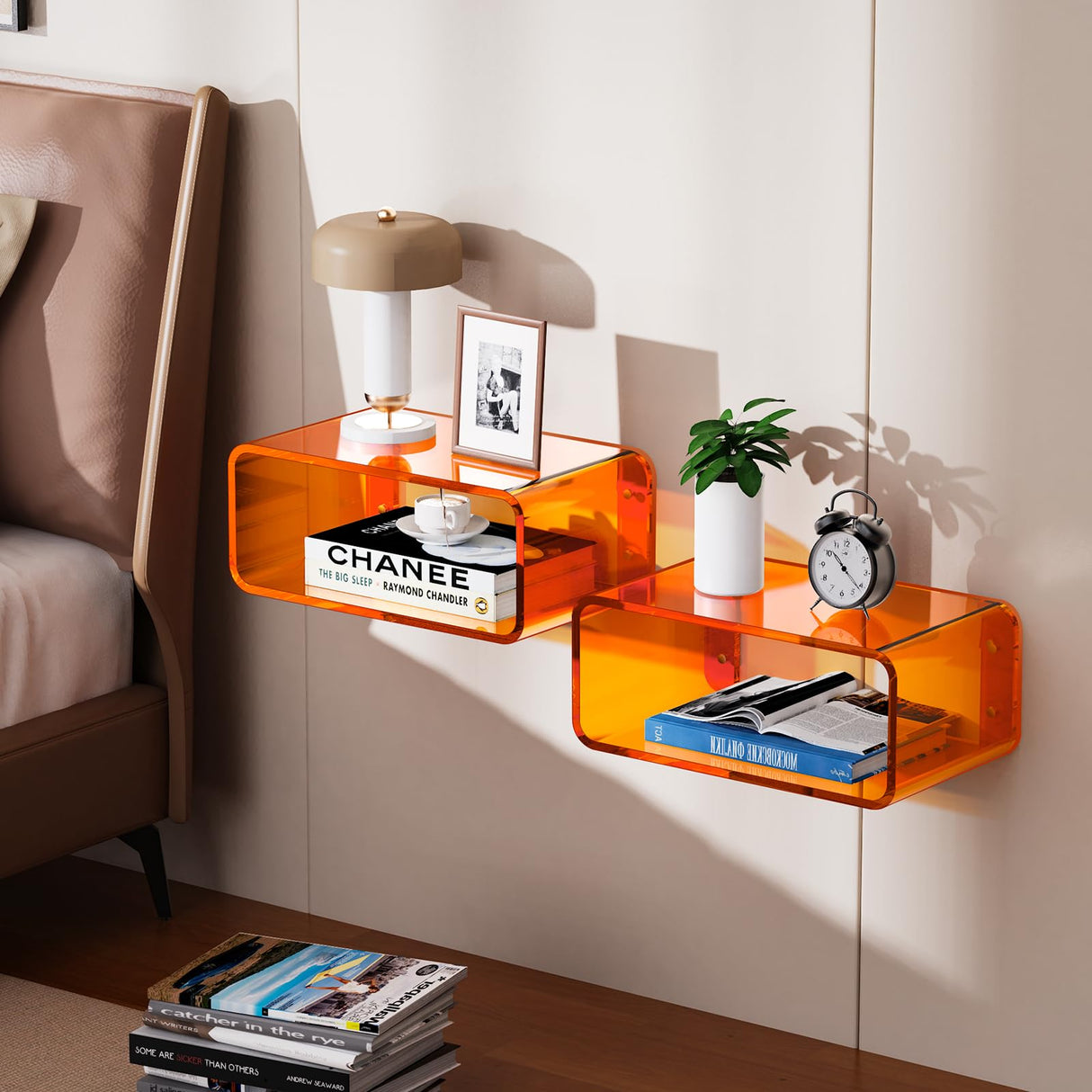 Dewrhiixe Acrylic Floating Nightstand, Bedside Table, Nightstand Shelf Wall Mounted Bedside Shelf (Orange, Small) Dewrhiixe