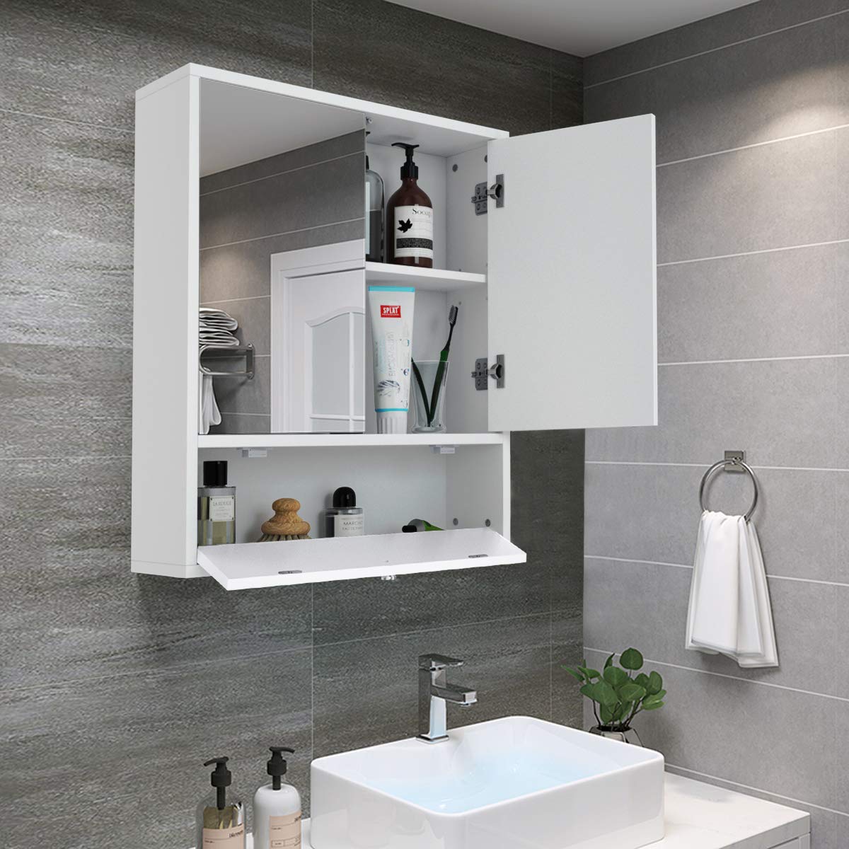 Elegant White Wall-Mounted Bathroom Mirror Cabinet with Adjustable Shelves Tangkula