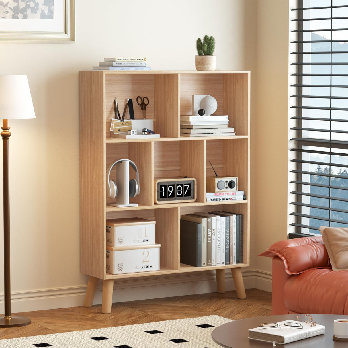 LEYAOYAO 7 Cube Bookshelf, 3 Tier Modern Bookcase with Legs, Mid-Century Modern Wood Book Shelves Storage, Boho Natural Book Case, Freestanding Organizer Display Shelf for Bedroom,Living Room,Office LEYAOYAO