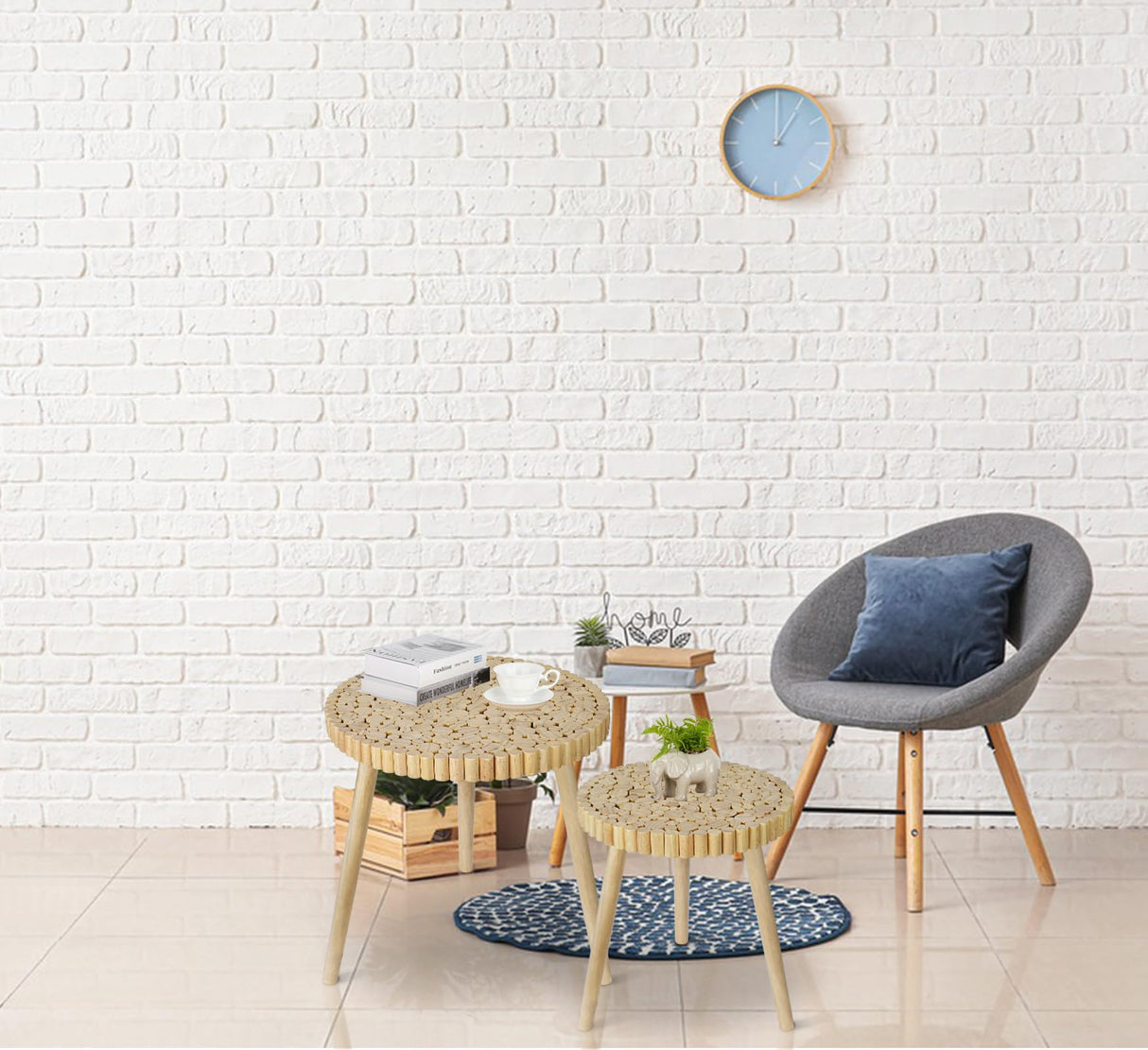 Round Coffee Table Set of 2, Farmhouse Nesting Coffee Table, Small Circle Wood Coffee Table, Mid Century Modern Nightstand, Boho Patio Side Table End Tables for Living Room Bedroom Balcony Outdoor ZYBT