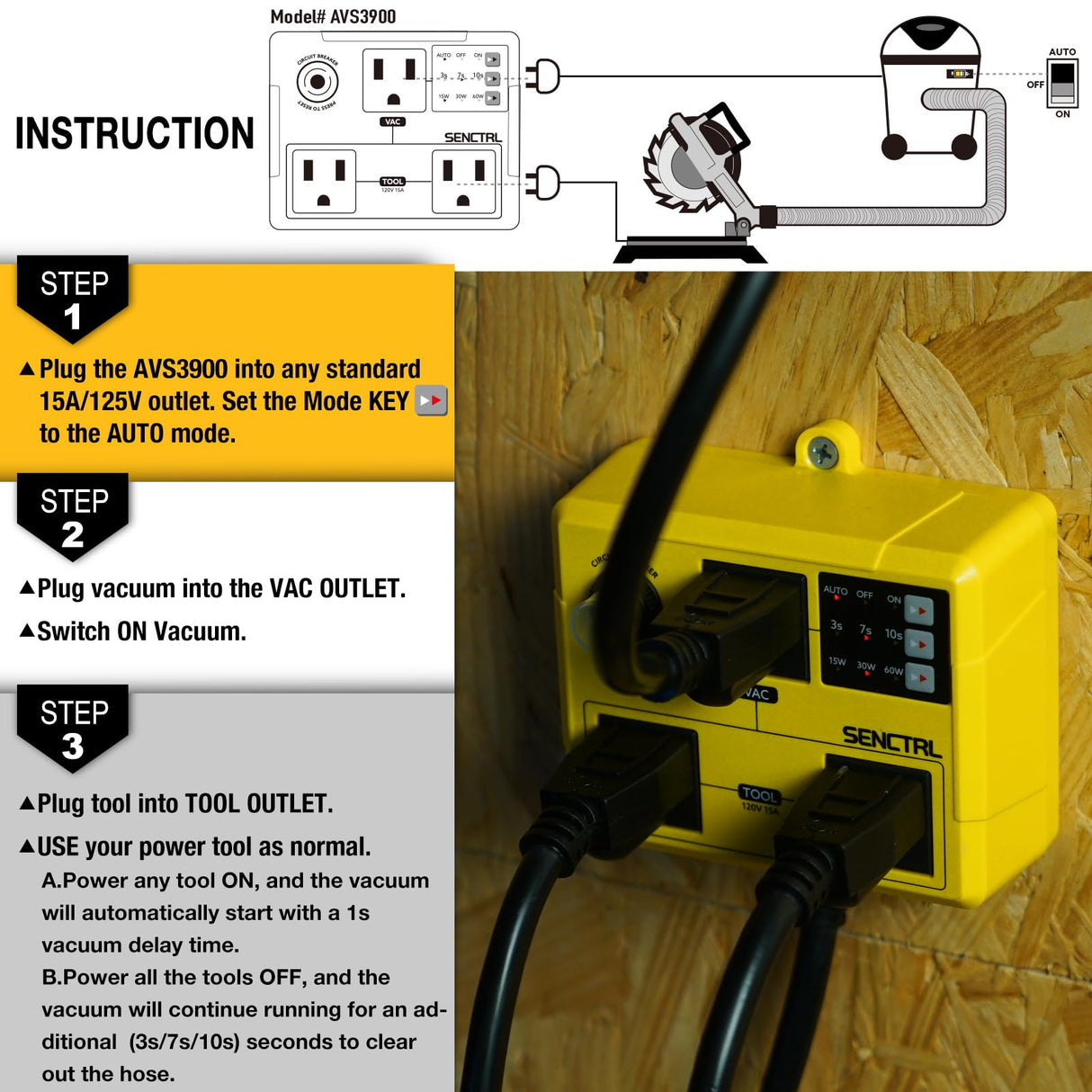 SENCTRL Automatic Vacuum Switch for Power Tools to Turn Dust Collectors On and Off Automatically, for Automated Woodworking Miter Saw Accessories, Shop Vac Delay Off, Safety Overload Breaker senctrl