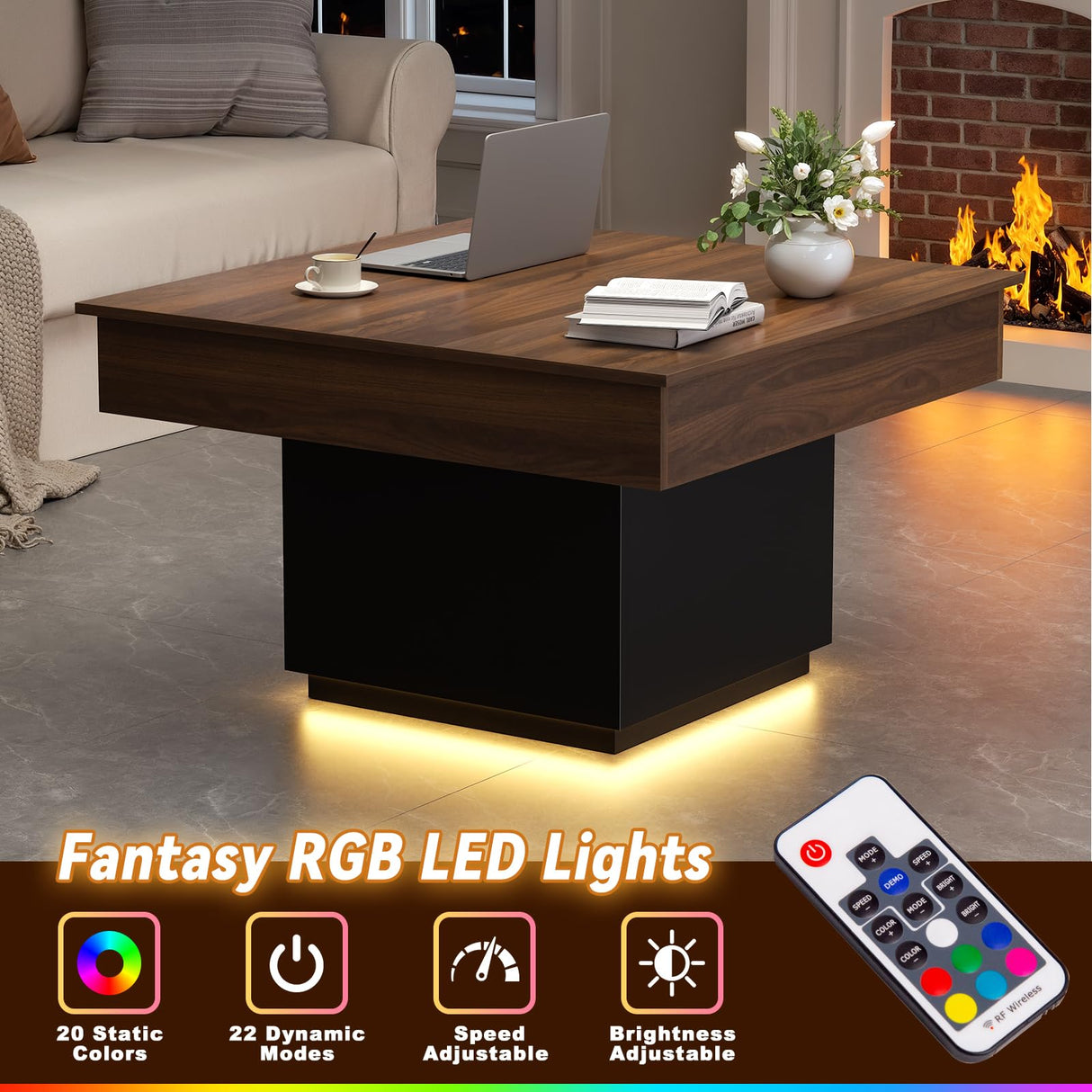 FABATO Lift Top Coffee Table with LED Light and Charging Station, 31.5 Inch Square Coffee Table with Hidden Storage, Modern Farmhouse Center Table for Living Room, Reception Dinning Room, Black Walnut FABATO