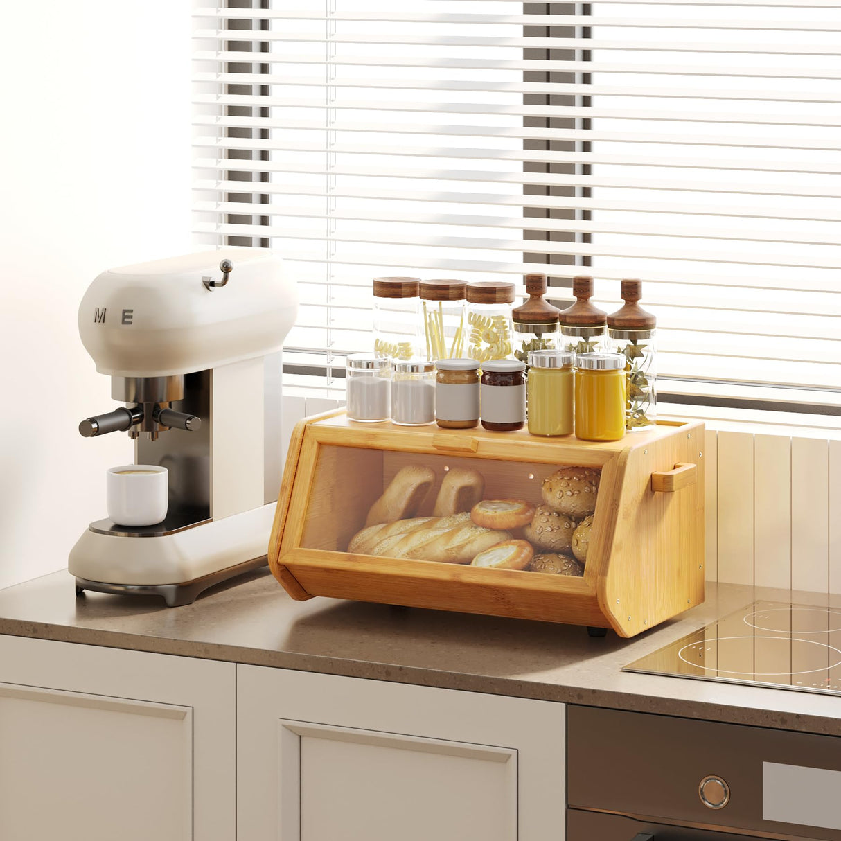 AMBIRD Bamboo Bread Box keep The Bread Fresh For Kitchen Counter-Large Capacity Wooden Bread Storage Container Farmhouse Bread Box with Window Bread Holder AMBIRD