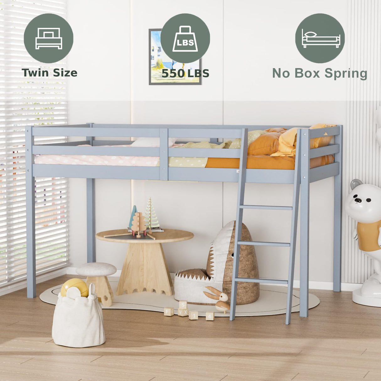 Bonnlo Twin Low Loft Bed with Inclined Stairs and High Guard Rail – Solid Wood Space-Saving Bunk Bed in Grey Bonnlo