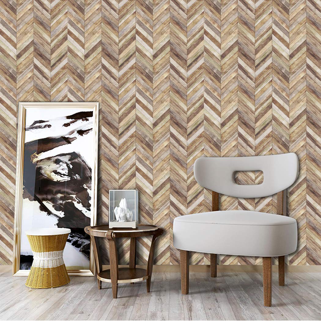 Meihodan Handpainting Peel and Stick Wallpaper Herringbone Wood Panel Self-Adhesive Prepasted Wallpaper Wall Mural 17.7in x 9.8ft Meihodan