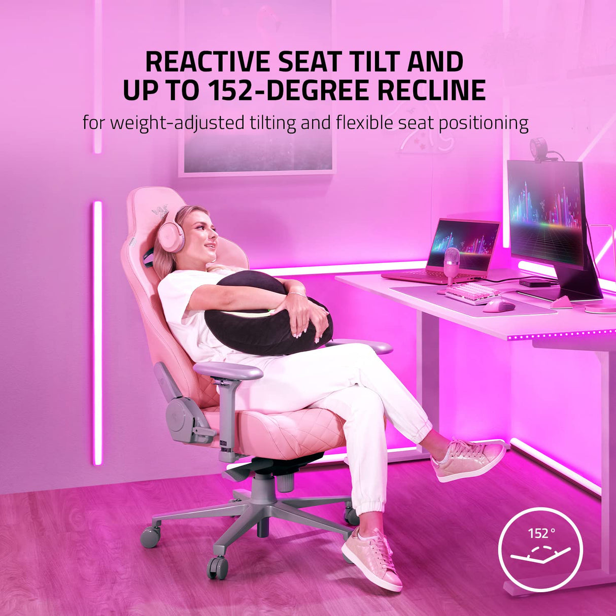Razer Enki Gaming Chair: All-Day Comfort - Built-in Lumbar Arch - Optimized Cushion Density - Dual-Textured, Eco-Friendly Synthetic Leather - Reactive Seat Tilt & 152-Degree Recline - Pink Razer