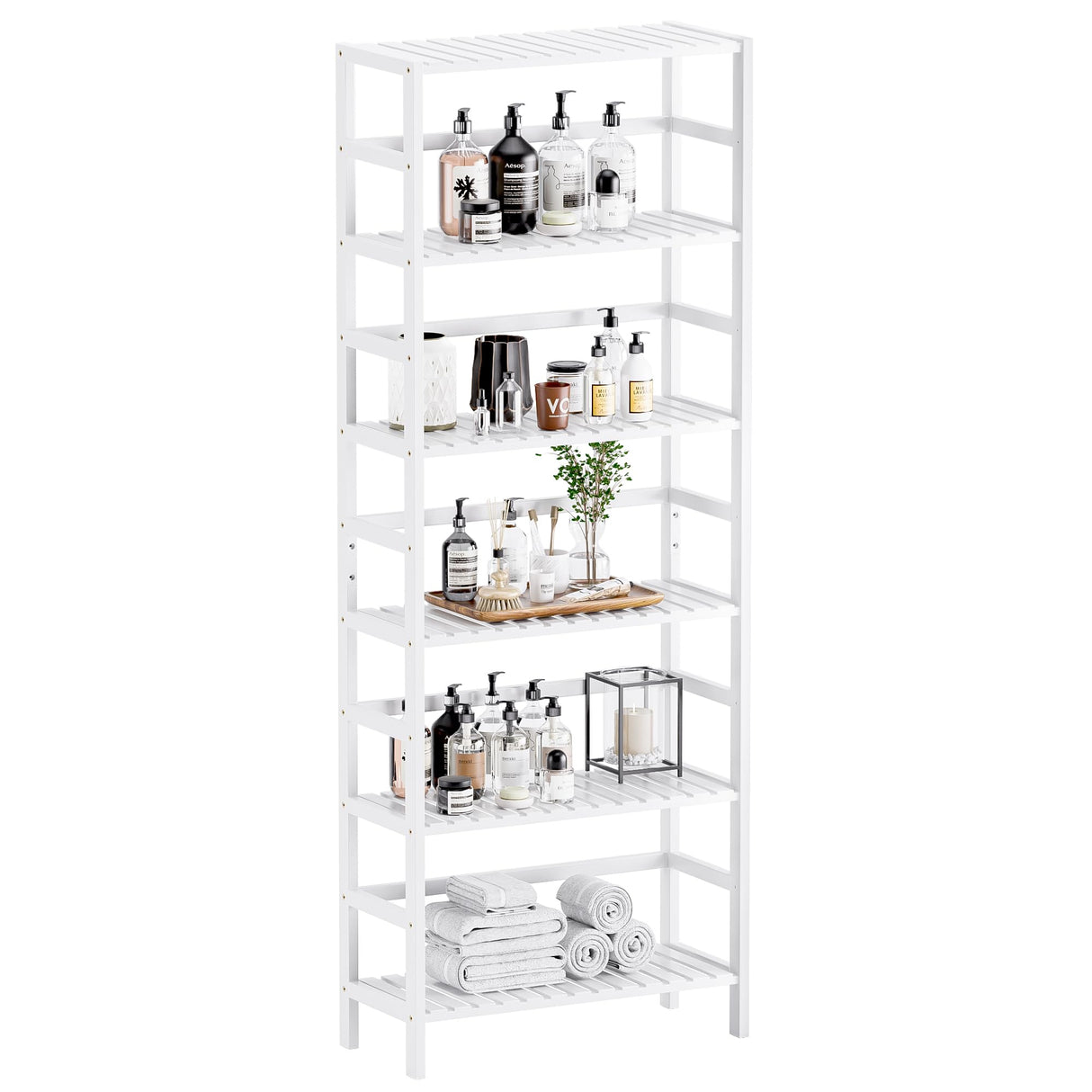 HITNET Bookshelf, 6-Tier Tall Bookcase Freestanding Bamboo Book Shelf Bathroom Storage Organizer with Adjustable Shelves, White HITNET