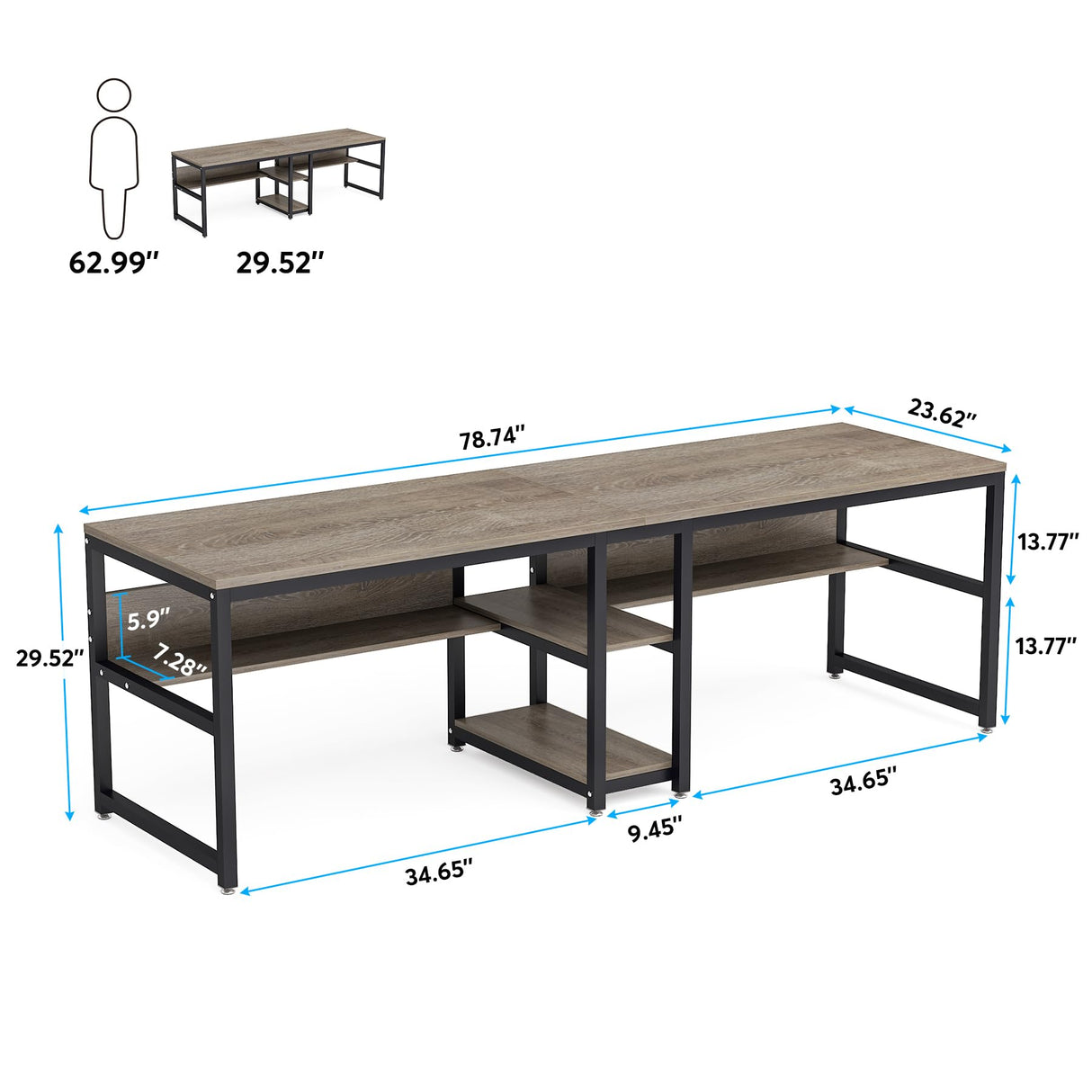 Tribesigns Two Person Desk with Bookshelf, 78.7 Computer Office Double Desk for Two Person, Rustic Writing Desk Workstation with Shelf for Home Office (Grey) Tribesigns