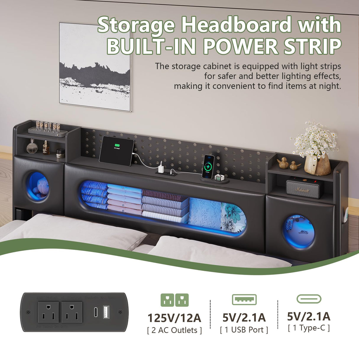 Dnxao Floating Bed Frame,King Bed Frame with Storage Headboard, King Platform Bed Frame with LED Lights and Charging Station, Noise Free, No Box Spring Needed,Quick Assembly,PU Black Dnxao