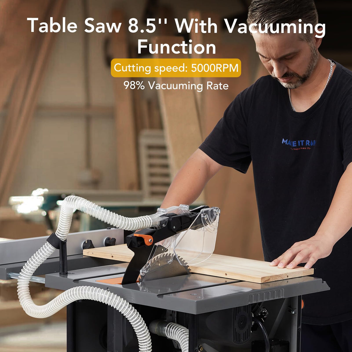 Table Saw for Jobsite, 98.5% Vacuuming Rate Dustless Table Saw 8.5 inch, 5000RPM Cutting Speed, TCT Blade, 2000W, 15A Portable Compact Tablesaw for DIY Woodworking and Furniture Making TROPOW