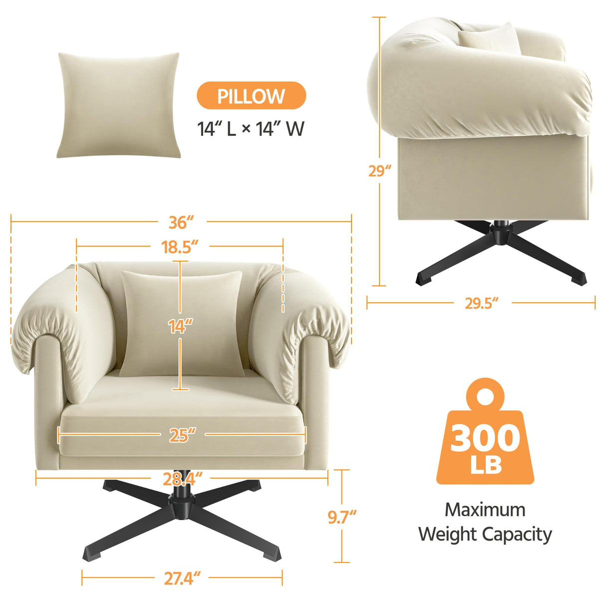 Yaheetech Swivel Velvet Armchair with Pillow, Modern Upholstered Accent Chair for Living Room, Comfy Cozy Single Sofa Chair for Bedroom/Reading Spaces Beige Yaheetech