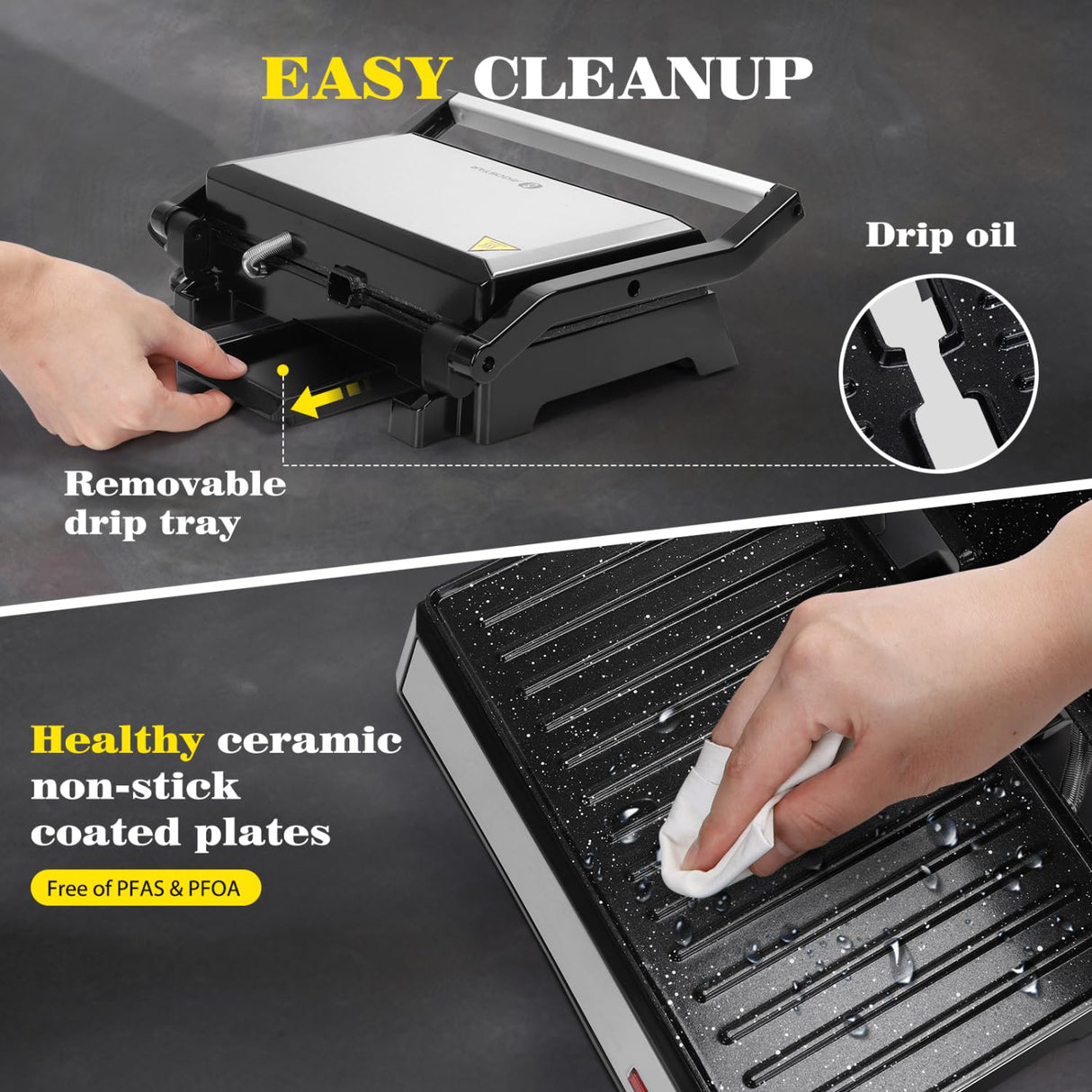 Aigostar Panini Press, 1200W Sandwich Maker and Electric Indoor Grill with Ceramic Non-Stick Coated Plates, Opens 180°to Fit Any Size of Food, Stainless Steel Surface & Removable Drip Tray, Silver Aigostar