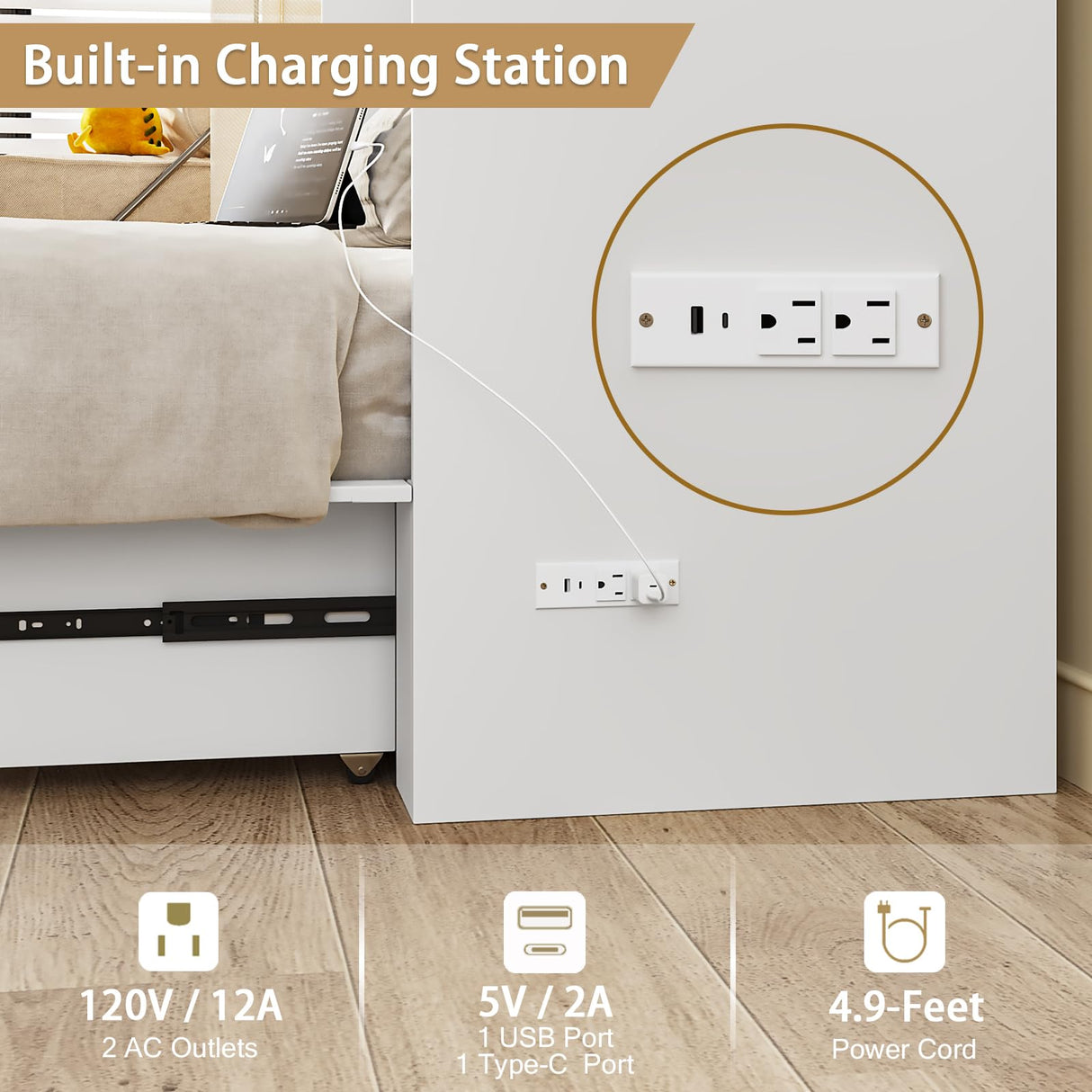 LIVAUVEAD Queen Murphy Bed with Storage & Charging Station, Murphy Cabinet with Foldable Panel, Noisy Free, for Guest Bedroom, Living Room, Office, Distressed White LIVAUVEAD