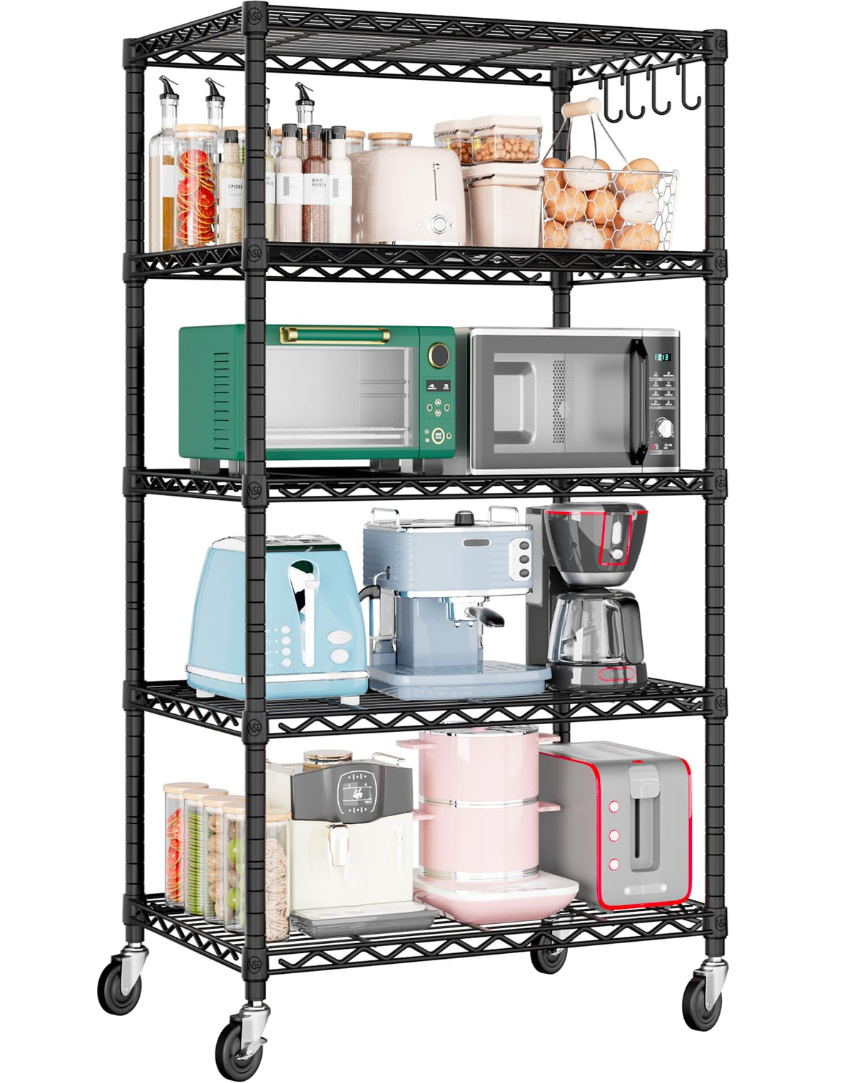 PrimeZone Wire Shelving Unit with Wheels, 5 Tier Adjustable NSF Certified Heavy Duty Metal Storage Shelves, Pantry Organizer Rack Rolling Kitchen Shelf for Closet Garage, 24" W x 18" D x 75" H, Black PrimeZone