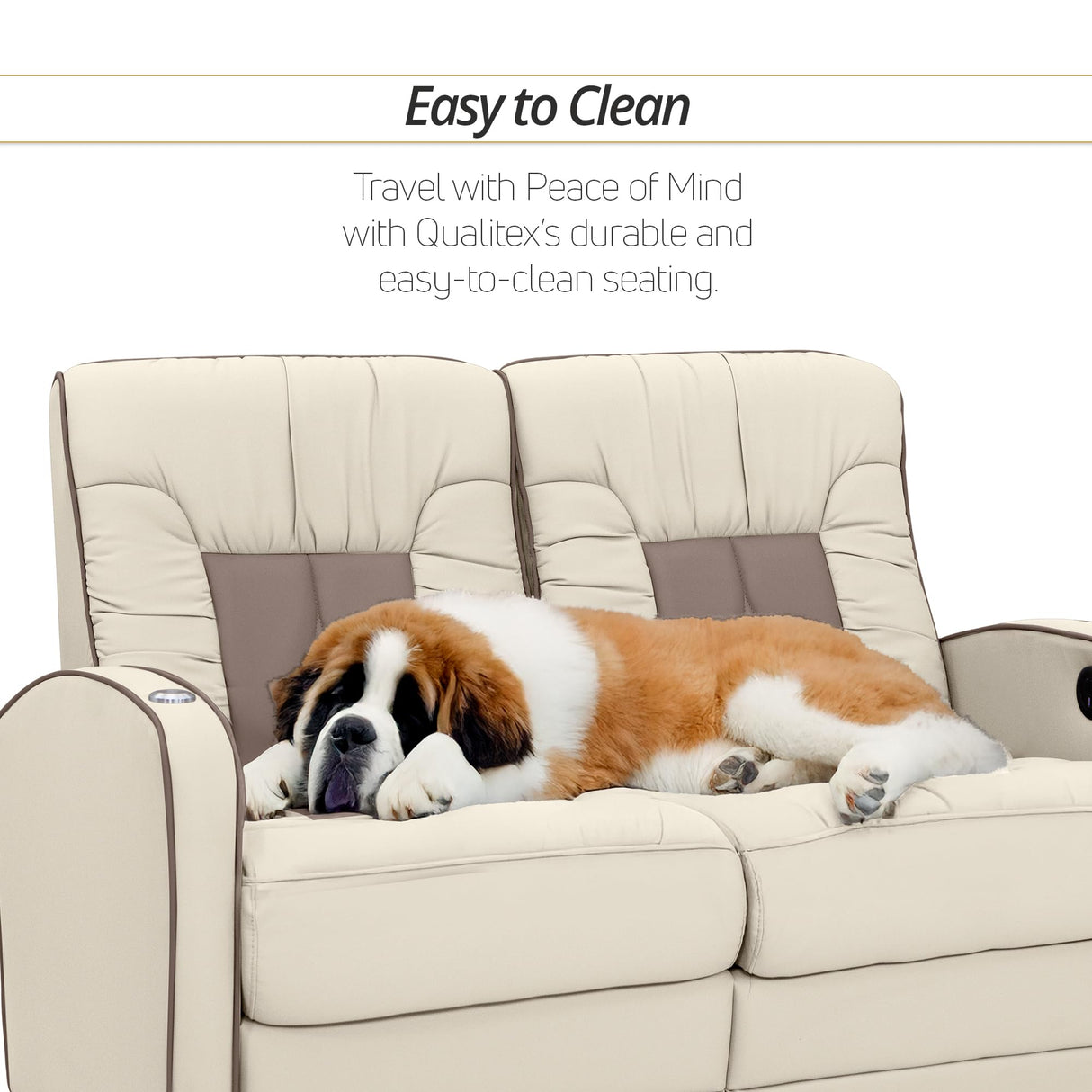 Qualitex De Leon RV Loveseat, Ultimate Leather, Heat and Massage, Power Recline, Bisque and Light Antelope Qualitex