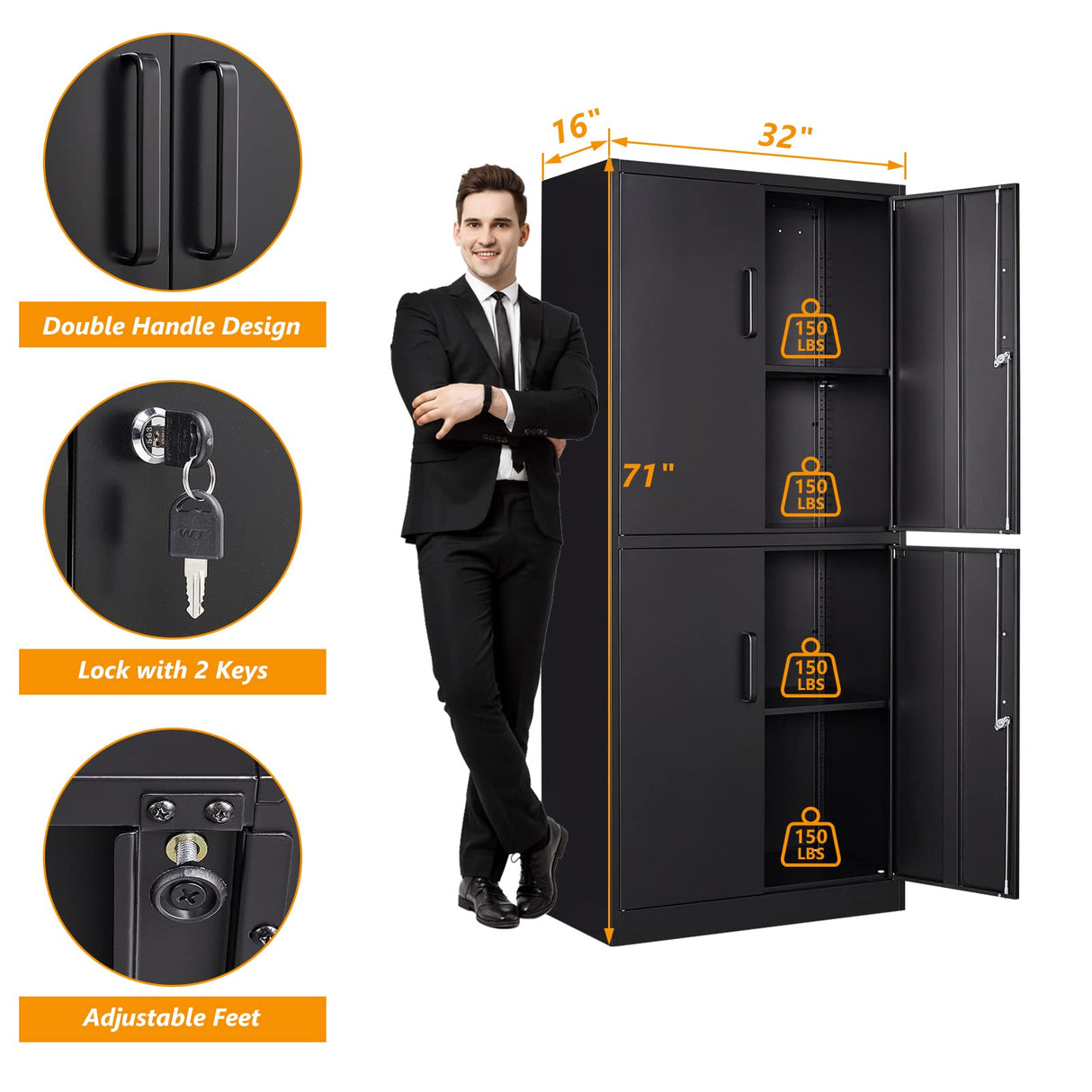 STANI Metal Storage Cabinet, Locking Steel Storage Cabinet with 4 Doors and 2 Adjustable Shelves, 71" Steel Lockable File Cabinet, Tall Steel Cabinet STANI