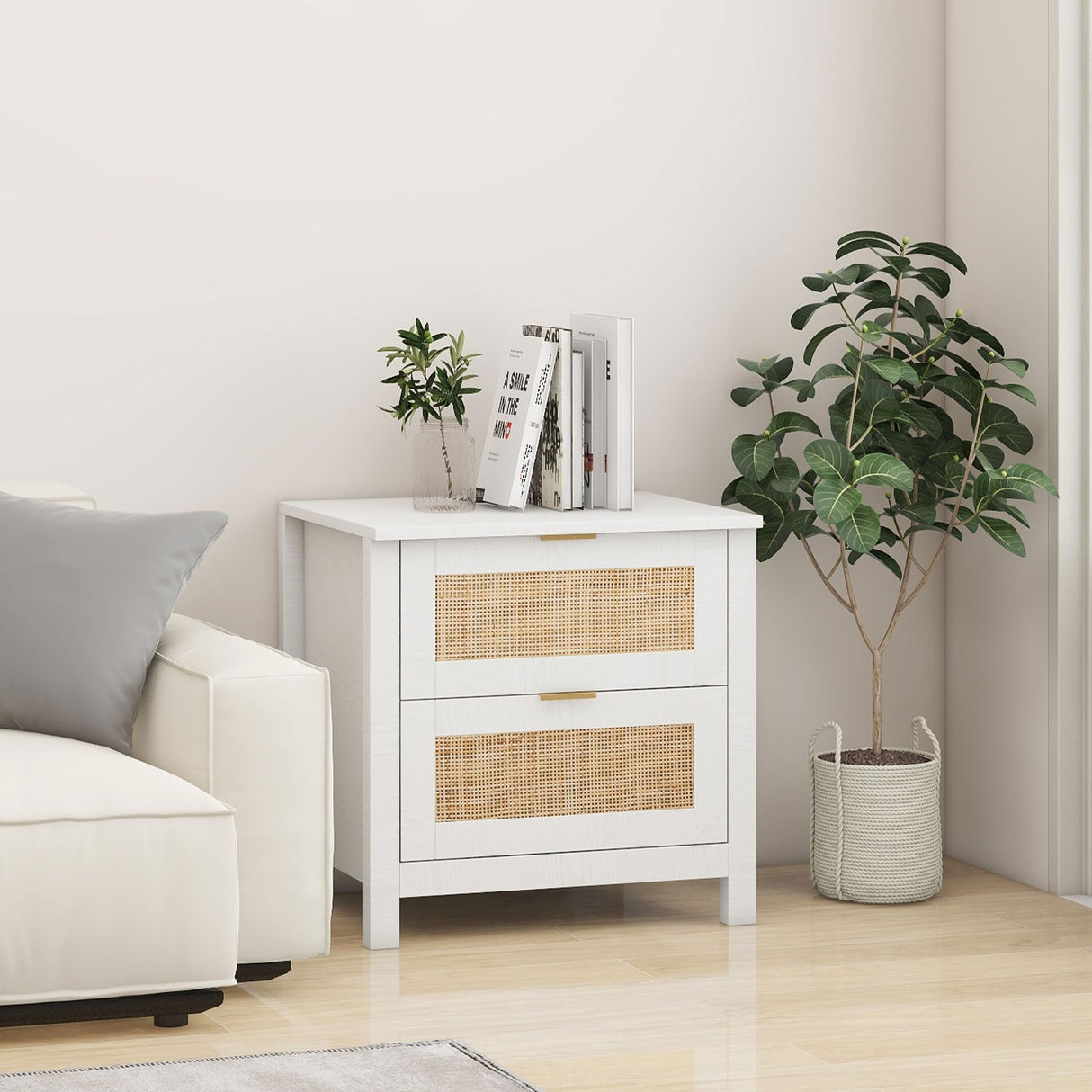 AILEEKISS Night Stand Set of 2 Rattan Nightstands with Wireless Charging Station, Wood Accent Bed Side End Tables with 2 Rattan Drawers, Modern Bedside Stand for Bedroom, Living Room (White) AILEEKISS