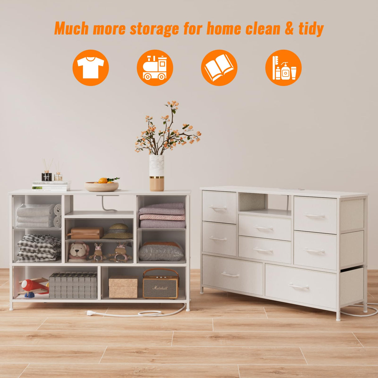 Furnulem White Dresser for Bedroom, Wide Chest of Drawers with Power Outlet for 55" TV Stand Entertainment Center, Deep 8 Drawers for Storage in Living Room,Entryway,Hallway,Closet(White) Furnulem