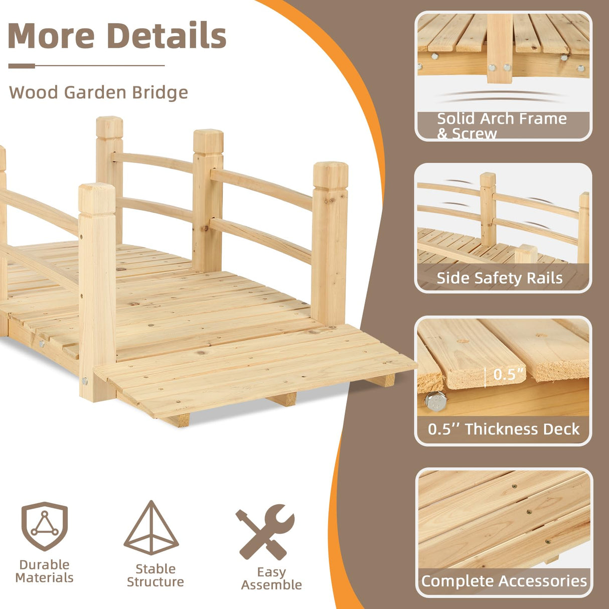 EPICOZY Wooden Garden Bridge Classic Wooden Arch Footbridge with Safety Railings, 530 lbs Capacity, Decorative Pond Bridge Landscaping for Outdoor Garden Yard Backyard Creek Farm, Natural EPICOZY