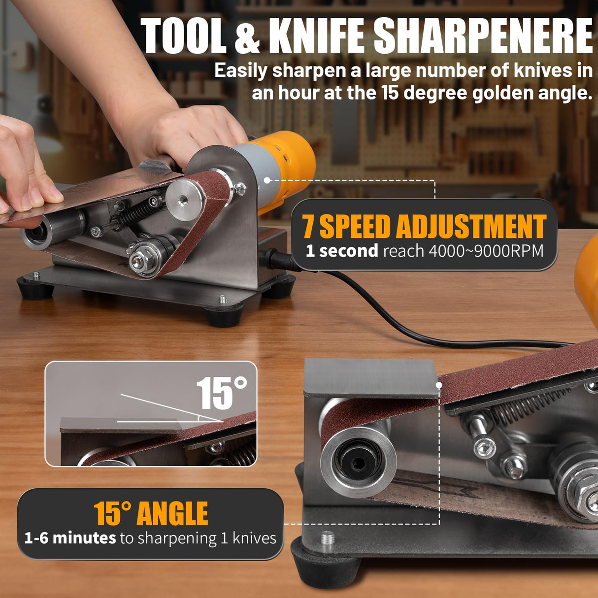 Junchamp Mini Belt Sander - 15 Degree Knife Sharpener Electric Bench Grinder Sanding Machine, 7 Adjustable Speed Buffer Polisher for Metal Wood DIY Handcraft, Tool & Knife Sharpening Junchamp