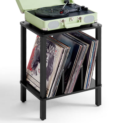 LELELINKY 2-Tier Record Player Stand with Vinyl Record Storage up to 100 Albums, Bedroom Record Holder and Multi-Functional End Table for Living Room, Black