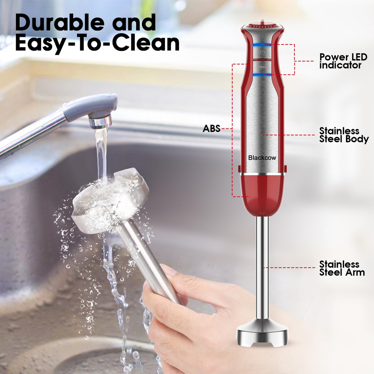 Blackcow Immersion Blender Handheld,800W Powerful Electric Hand Blender with 6-Speed&Turbo,Electric Mixer Handheld for kitchen,Smoothie,Soup,Baby Food,Puree,Drinks,RoseRed Blackcow