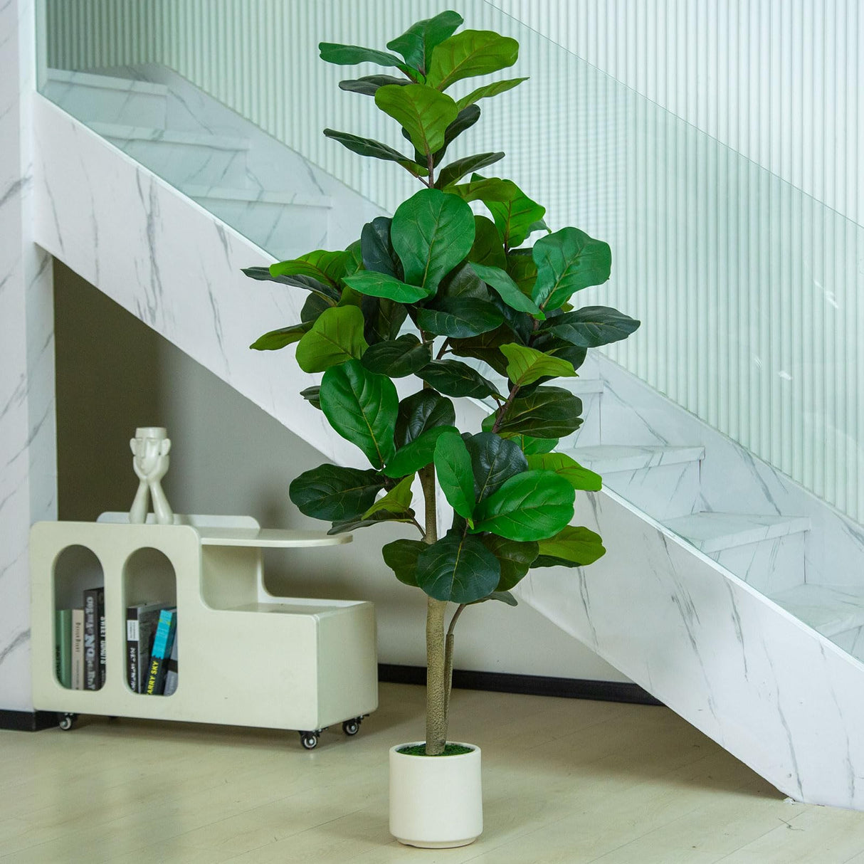 VIVATREES 6FT Fiddle Leaf Fig Artificial Tree with White Planter Pot,Faux Floor Plant, Indoor and Outdoor Fake Plants for Home Office Decor VIVATREES
