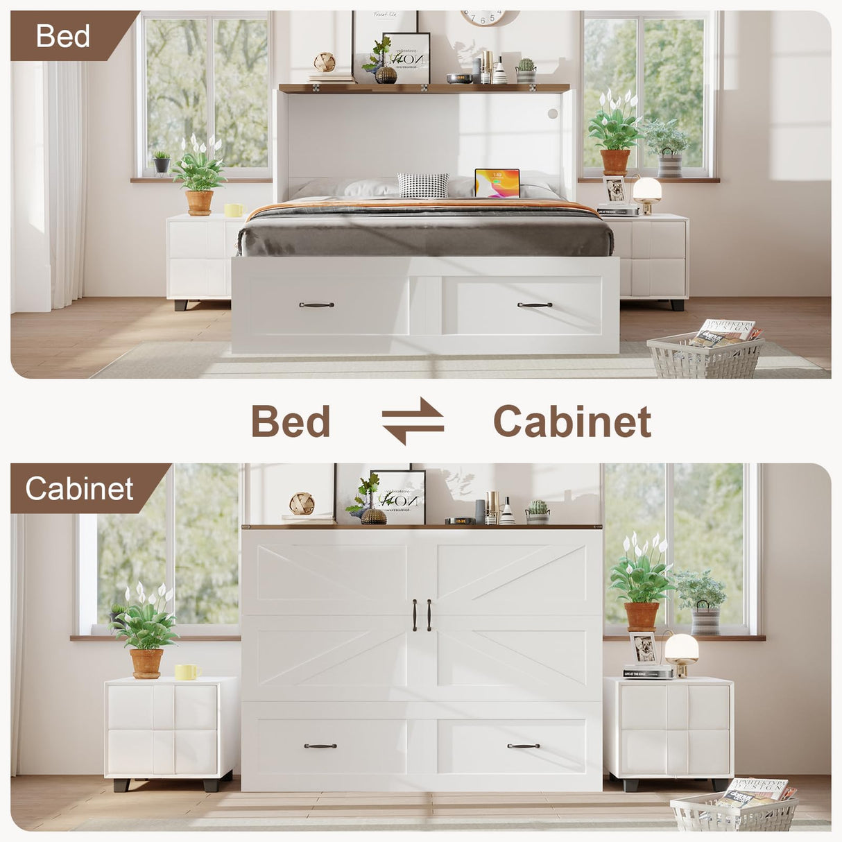 KCGKCG Murphy Bed with Storage & Charging Station, Queen Murphy Cabinet Bed with Large Storage Drawer for Guest Bedroom, Living Room, Office or Small Room, Full Foldable Platform Bed (White, Queen) KCGKCG