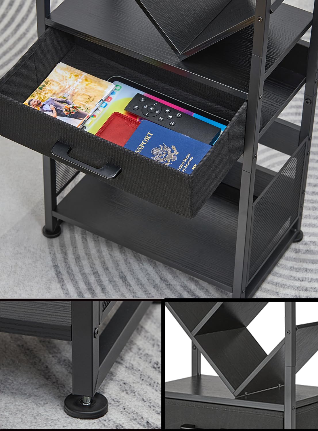 ZEXVIDA Bookshelf with Drawer,10 Tier Tree Bookcase Retro Floor Standing Bookshelves,Tall Wood Bookcases with Cabinet Storage Organizer for Living Room, Bedroom & Home Office, Black ZEXVIDA