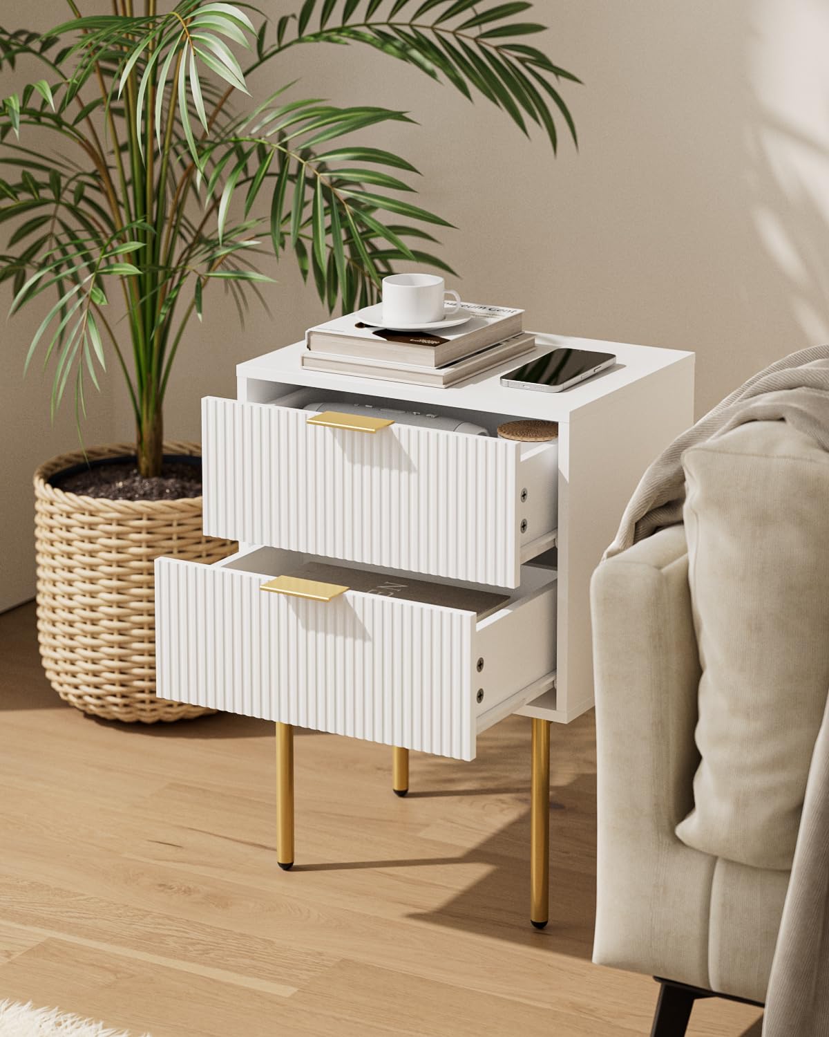 Aienvey Night Stand, Modern Nightstand with Drawers, Bedside Table, Gold Small Side Table for Bedroom, Living Room End Table (2 Drawers, White Stripe) Aienvey