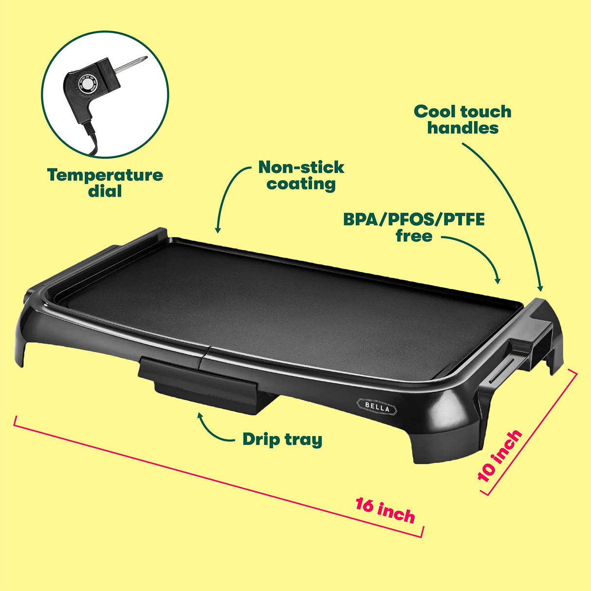 BELLA Electric Griddle with Crumb Tray - Smokeless Indoor Grill, Nonstick Surface, Adjustable Temperature Control Dial & Cool-touch Handles, 10" x 16", Black BELLA