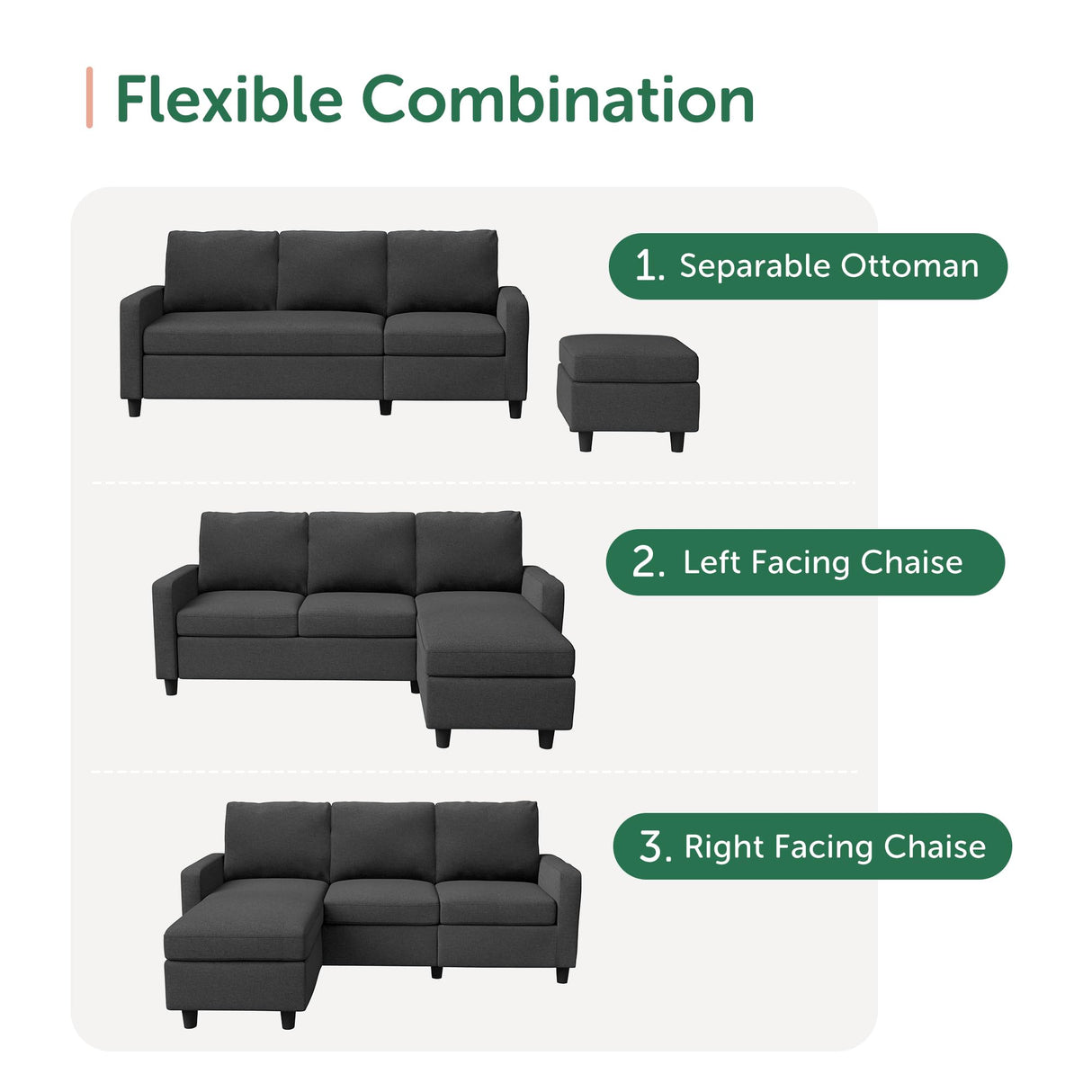 HONBAY Convertible Sectional Sofa, L Shaped Couch with Reversible Chaise for Small Space, Black HONBAY
