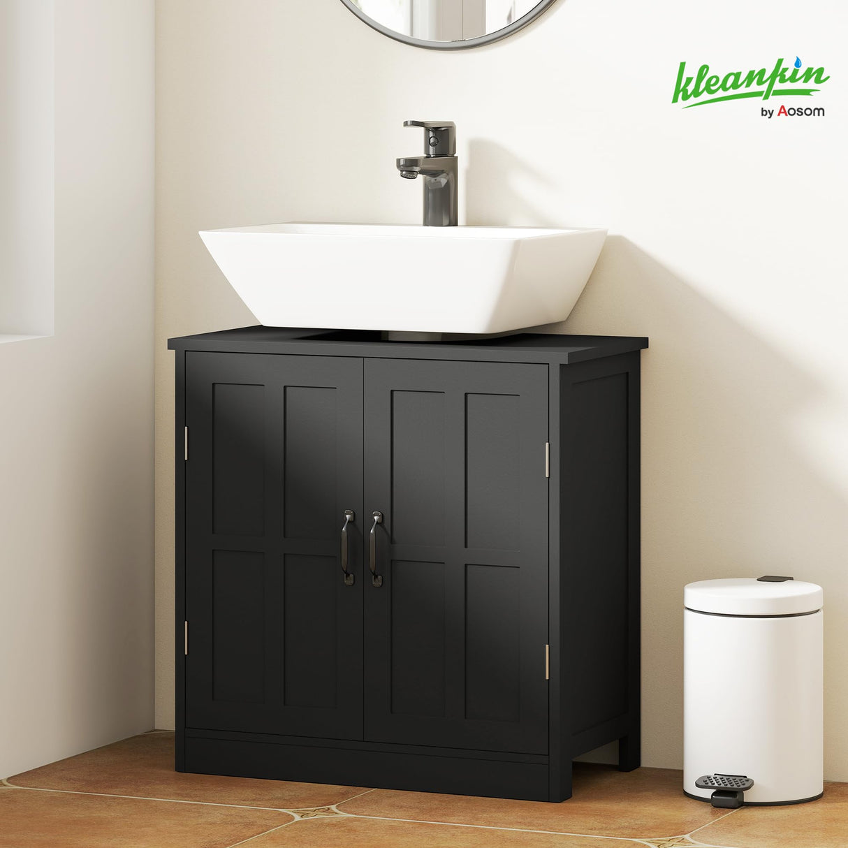 kleankin Pedestal Sink Storage Cabinet, Under Sink Cabinet with 2 Doors and Adjustable Shelf, Bathroom Vanity with U-Shape Cut-Out, Black kleankin