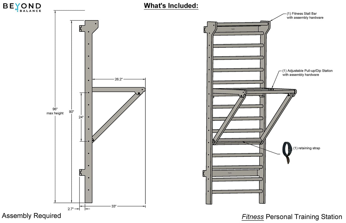 Stall Bar Training Tower: Swedish Ladder with Adjustable Pull-Up Dip Bar Attachment (1.5" Round, Beech Rungs) Beyond Balance